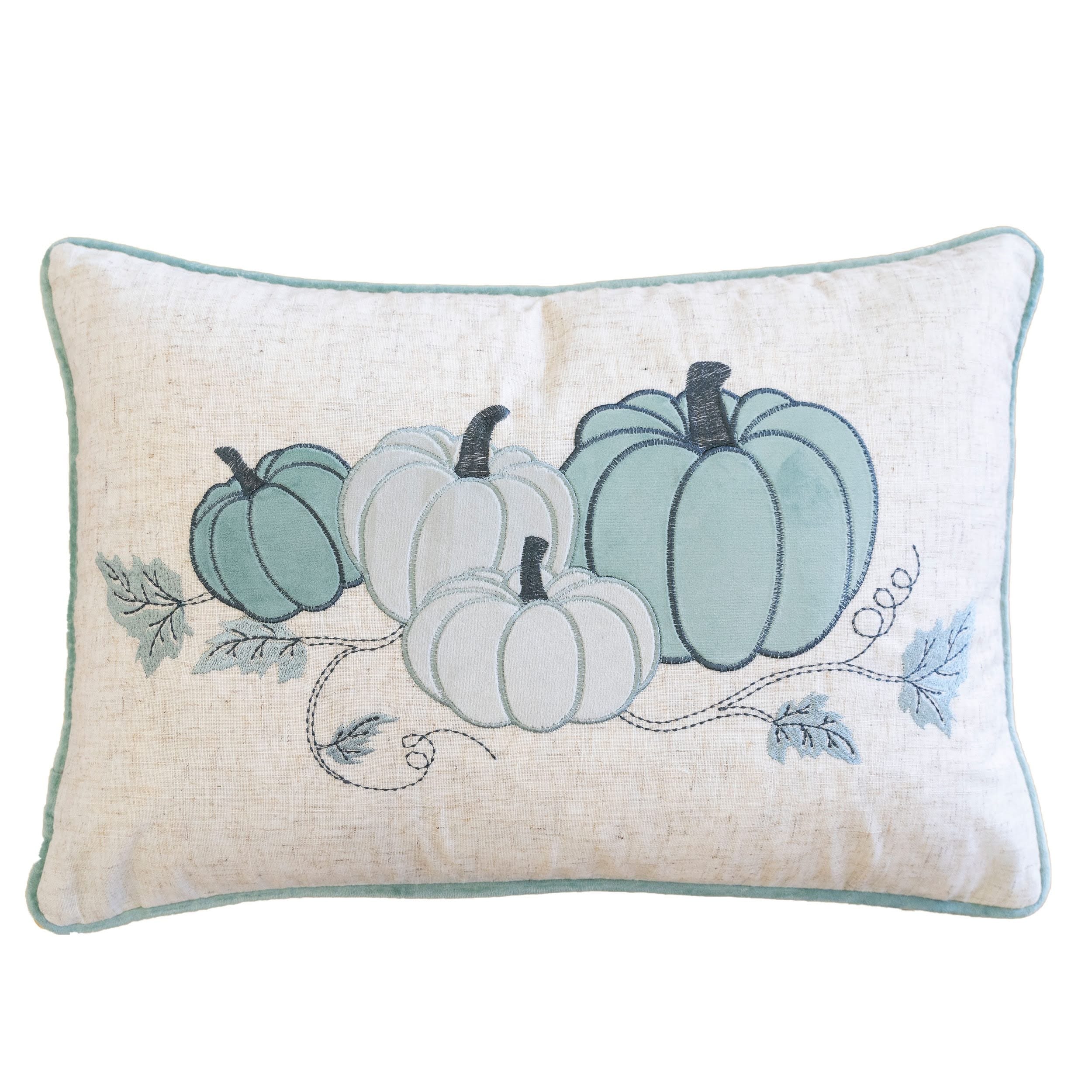 Embroidered Pumpkin Lumbar Throw Pillow Misty Blue Fall Accent Cushion Set Of 2