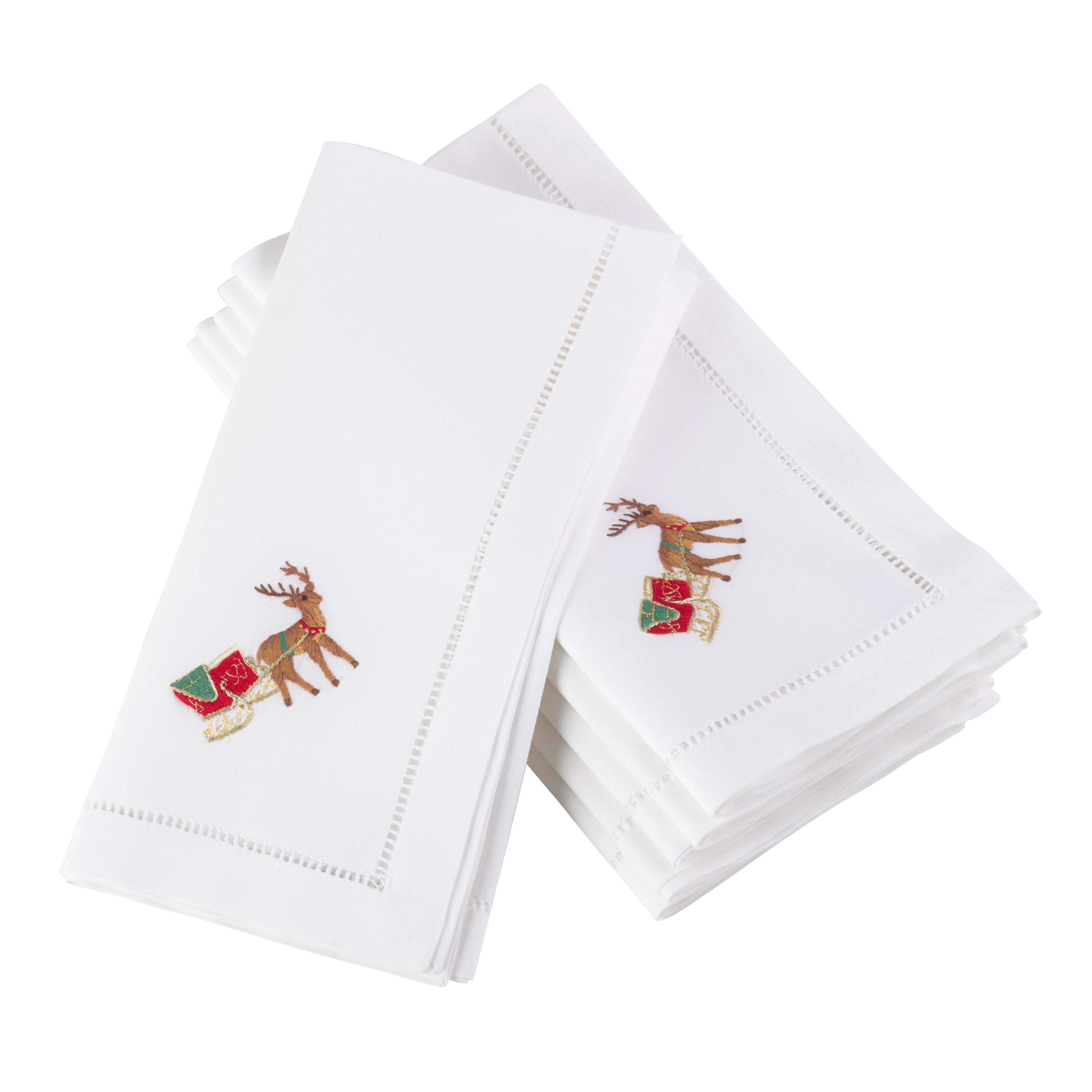 Reindeer Embroidered And Hemstitched Cotton Napkin Set Of 6