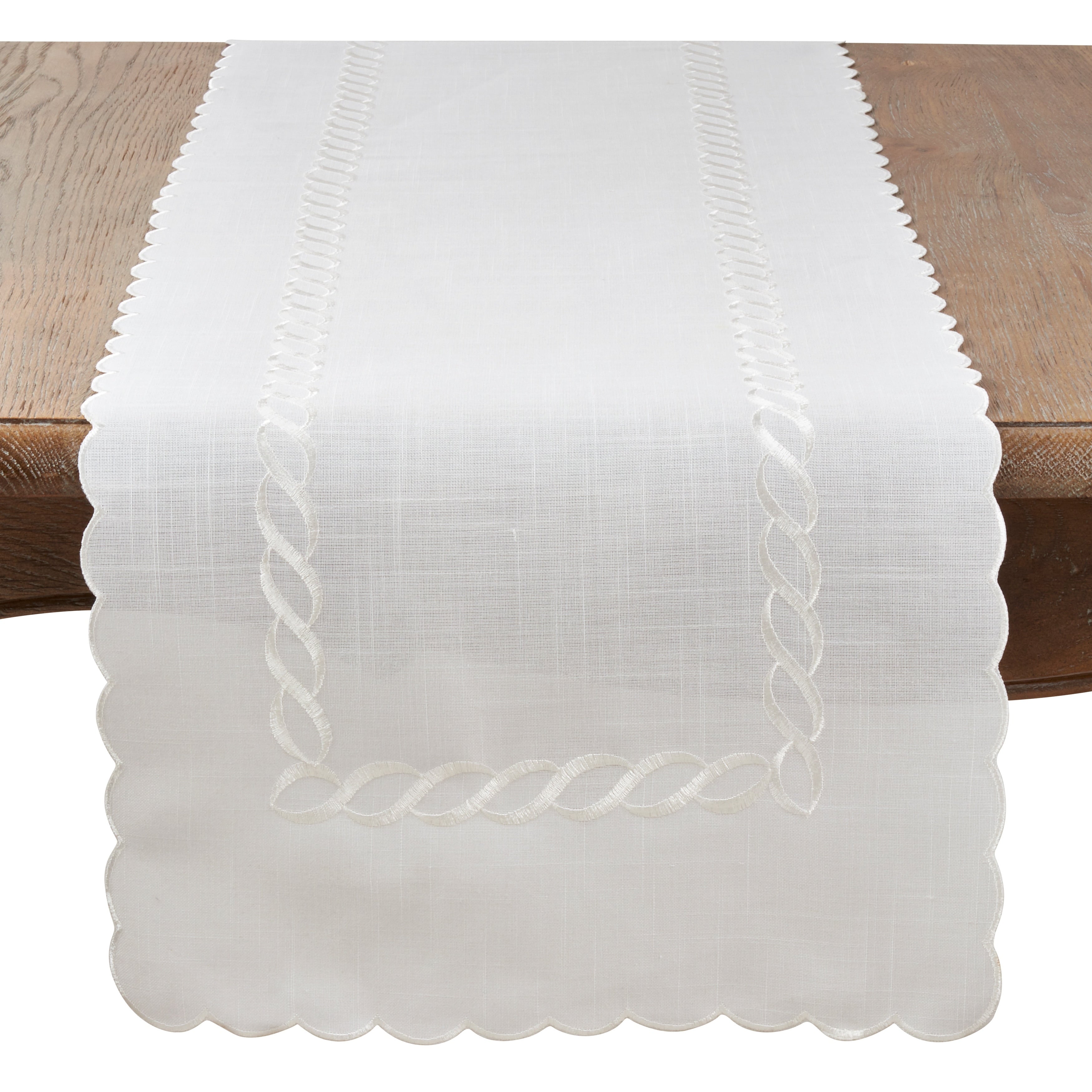 Saro Lifestyle White Linen Blend Braided Embroidered Table Runner