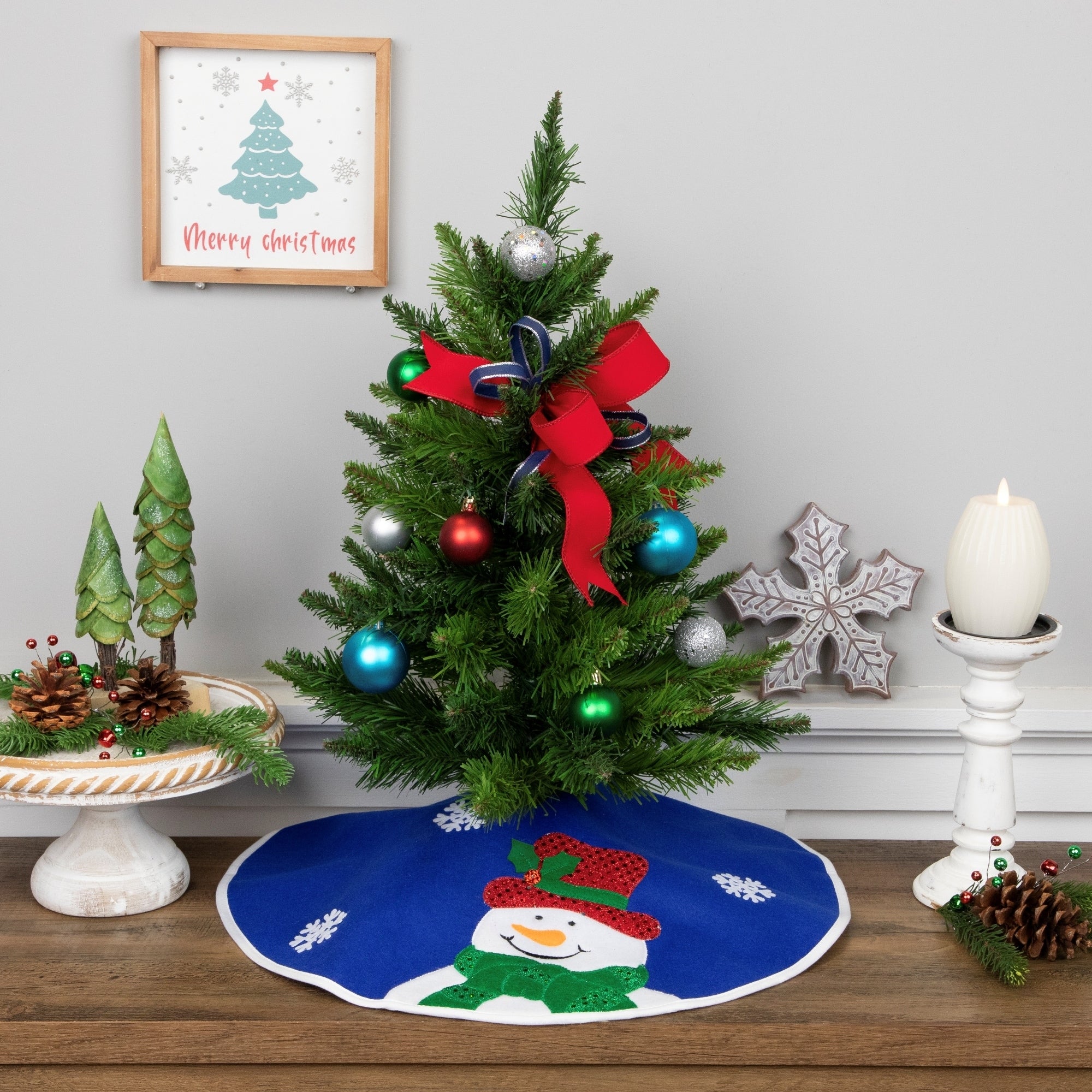 20 Blue And White Embroidered Snowman Mini Christmas Tree Skirt