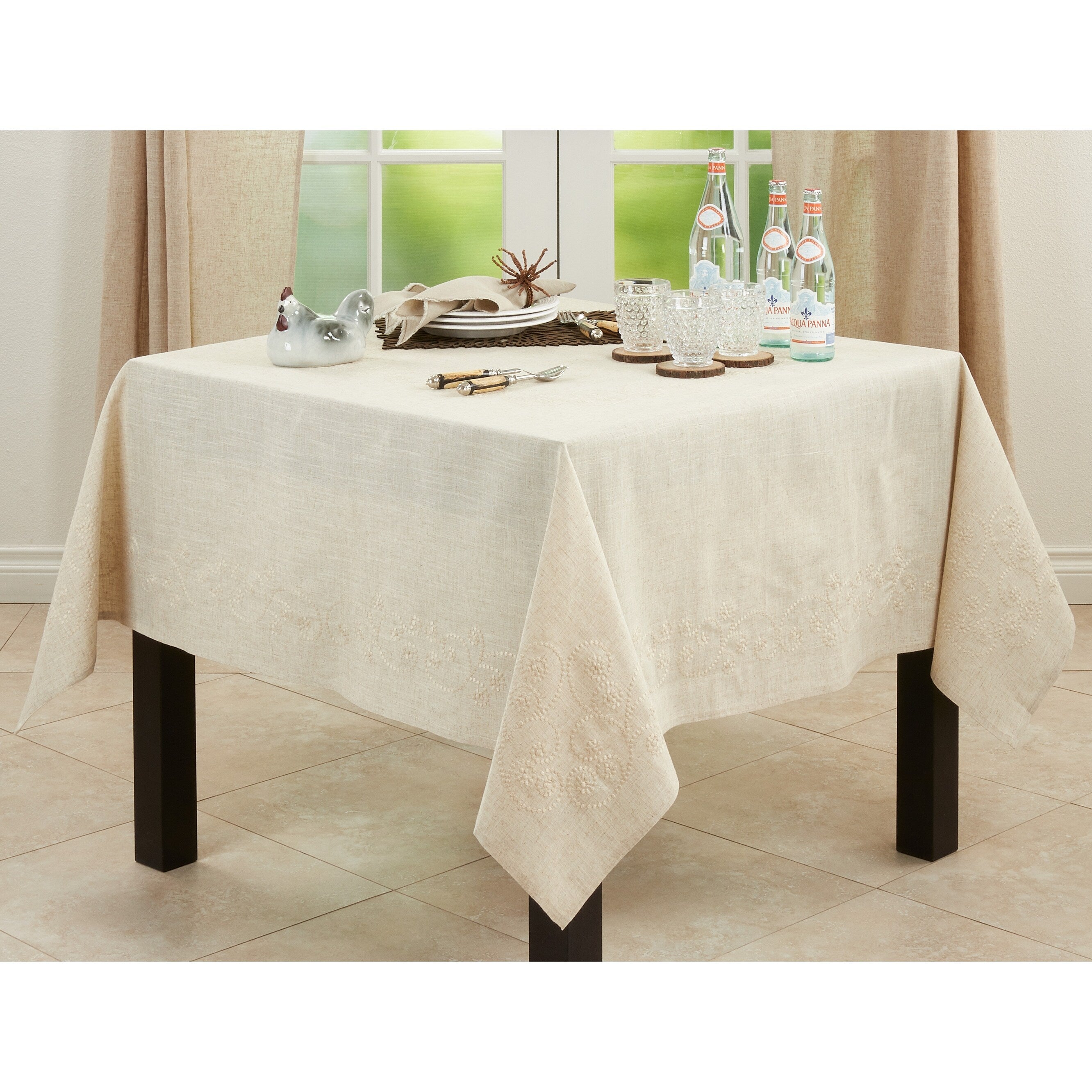 Embroidered Swirl Design Natural Linen Blend Tablecloth