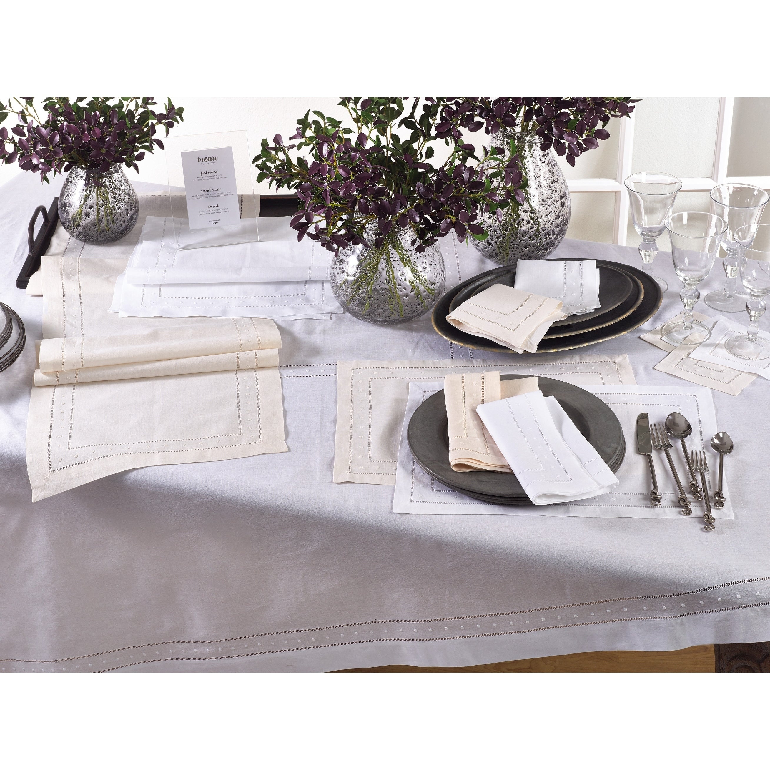 Embroidered And Hemstitch Linen Blend Tablecloth
