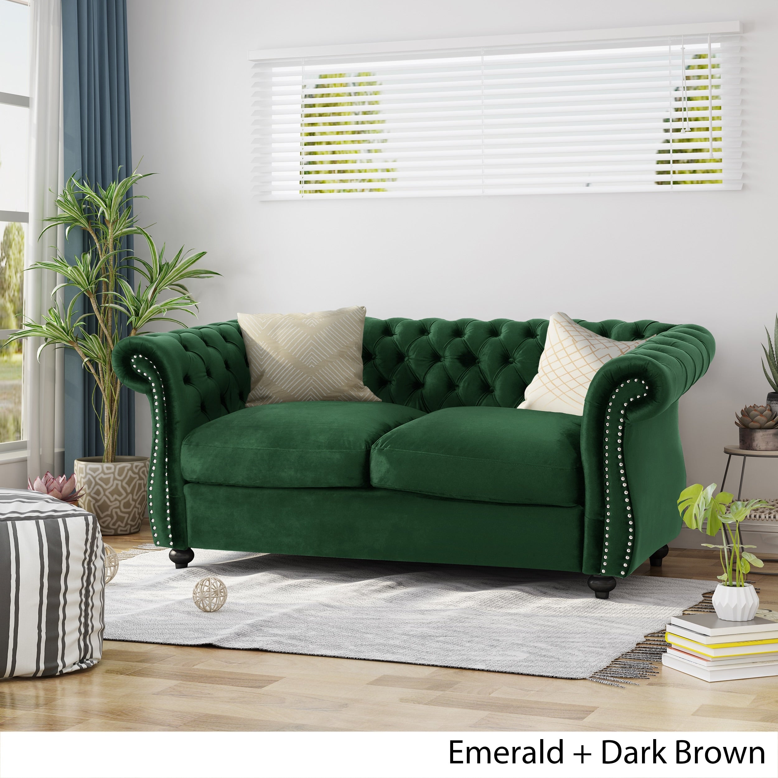 Emerald 2 Seat Sofa Couch Upholstered Loveseat With Nailhead Trim 2 Seater Settee With Rolled Armrests