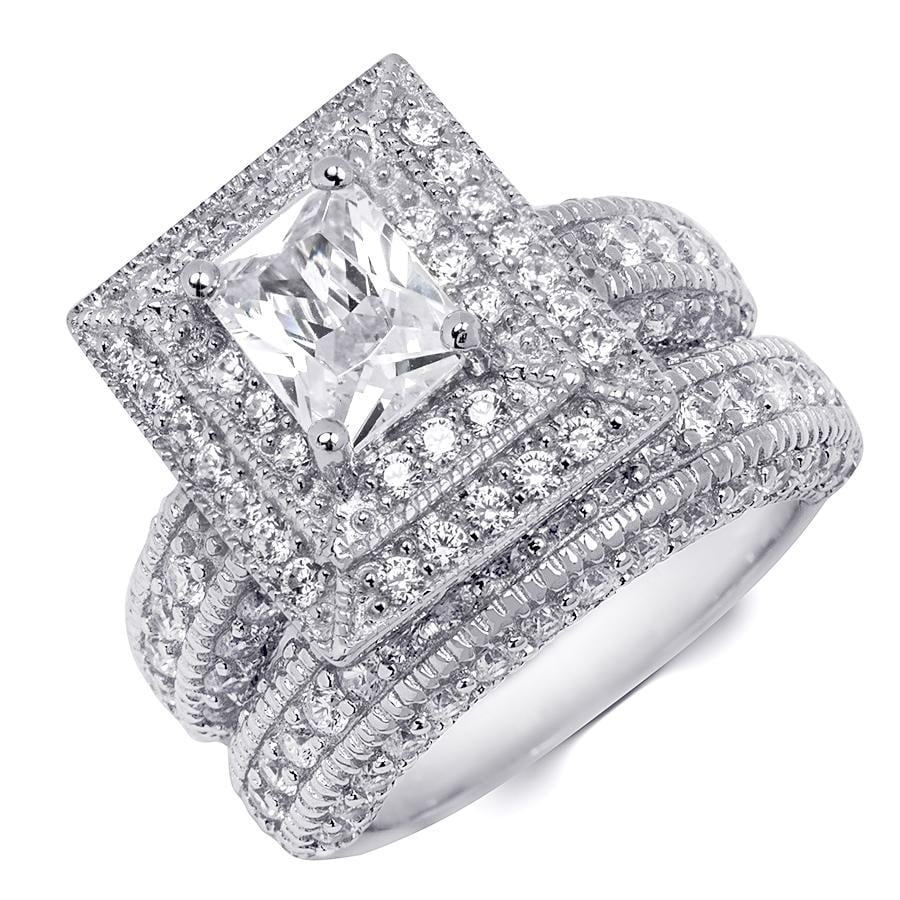 Emerald Cut White 2.5Ct Wedding Band Bridal Ring Set Sterling Silver