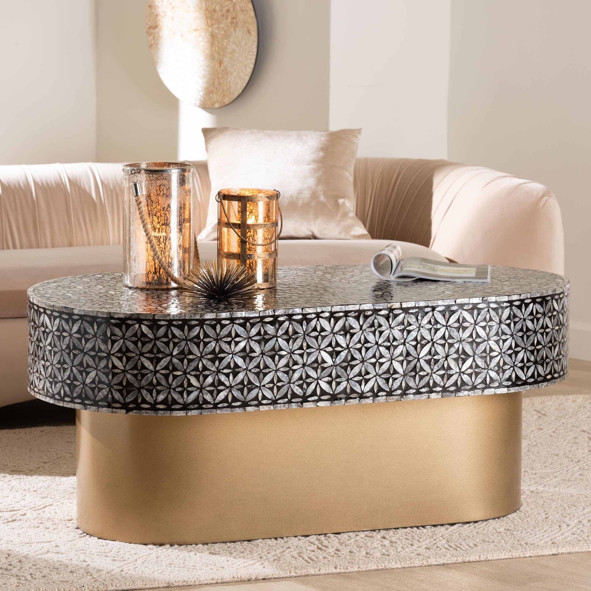 Emery Capiz Shell Coffee Table Mother Of Pearl Oval Accent Table With Geometric Pattern And Pedestal Base For Living Room