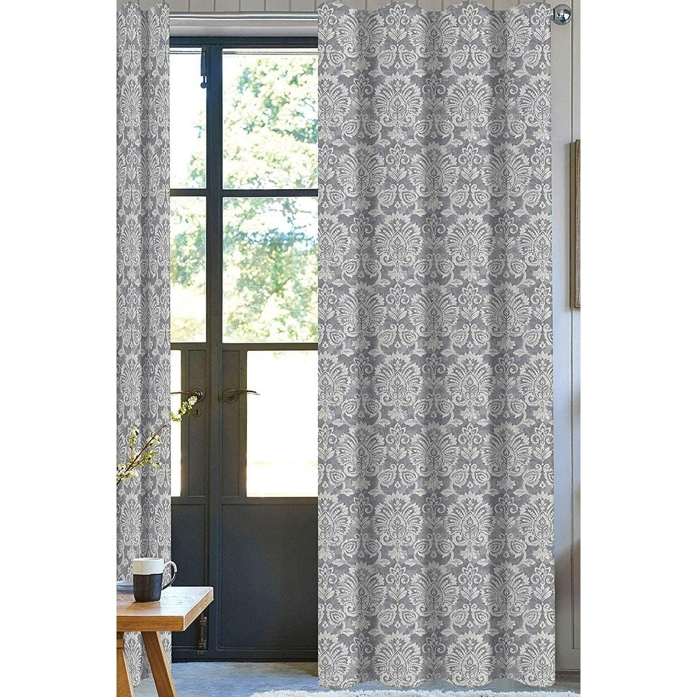 Emily Damask Designer Drapery Panel Set Of 2 Purple White 100 Organic Cotton 2In 1 Construction Rod Pocket With Hidden Tab