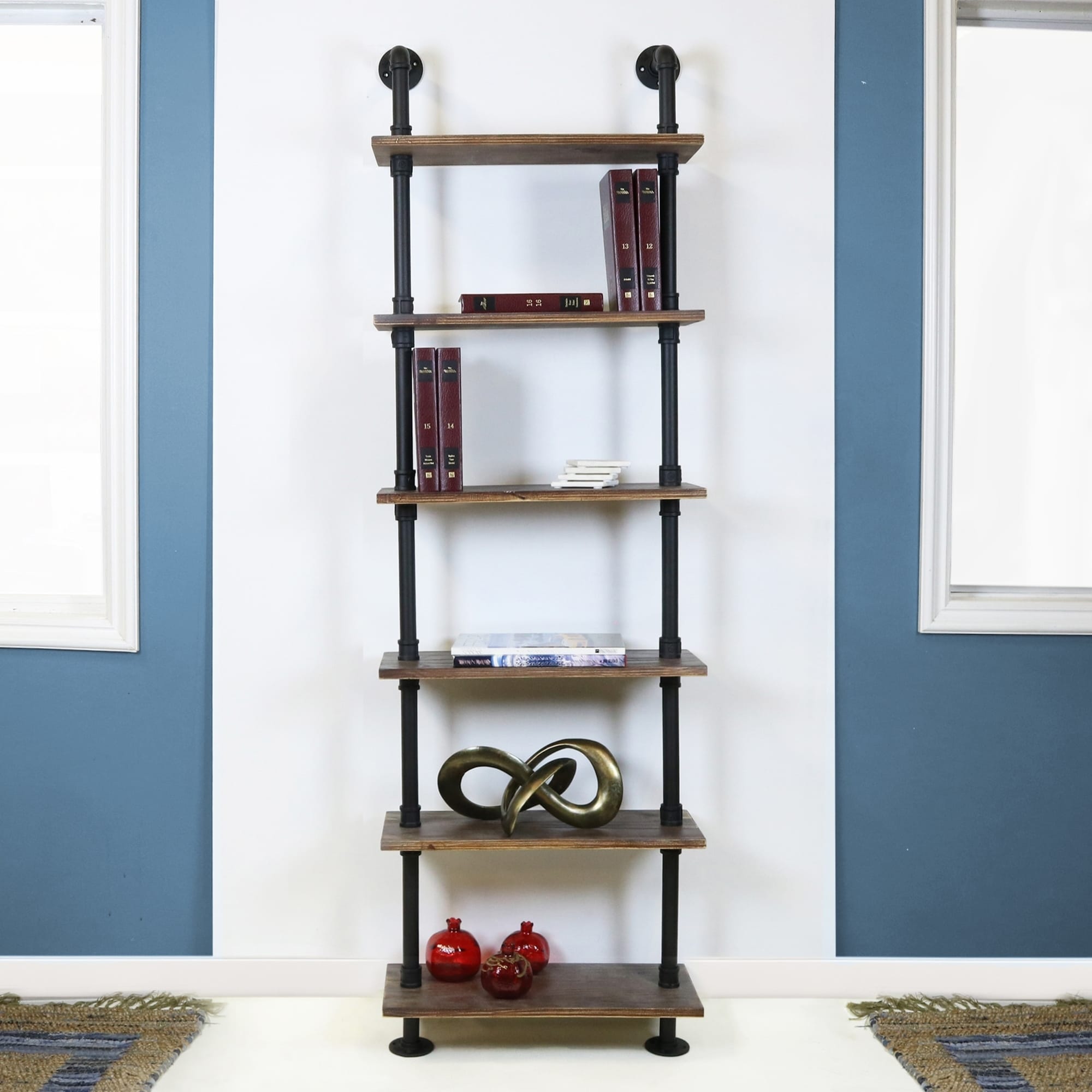 Emitt Tall Bookshelf Black Pipe Frame With Weathered Maple Shelves