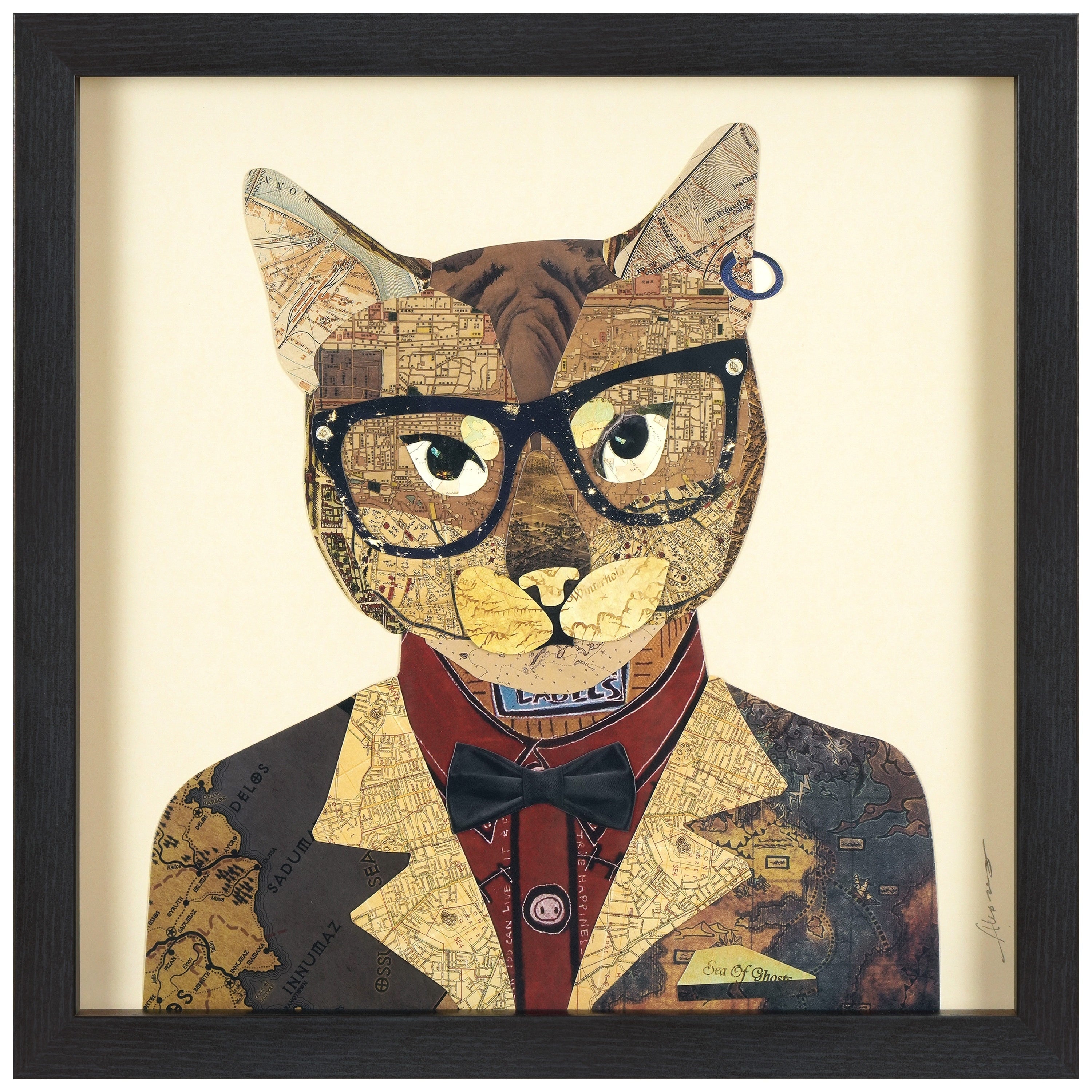 Empire Art Funky Cat 2 Hand Made Signed Art Collage By Ead Artists Co Op Under Tempered Glass In Black Frame