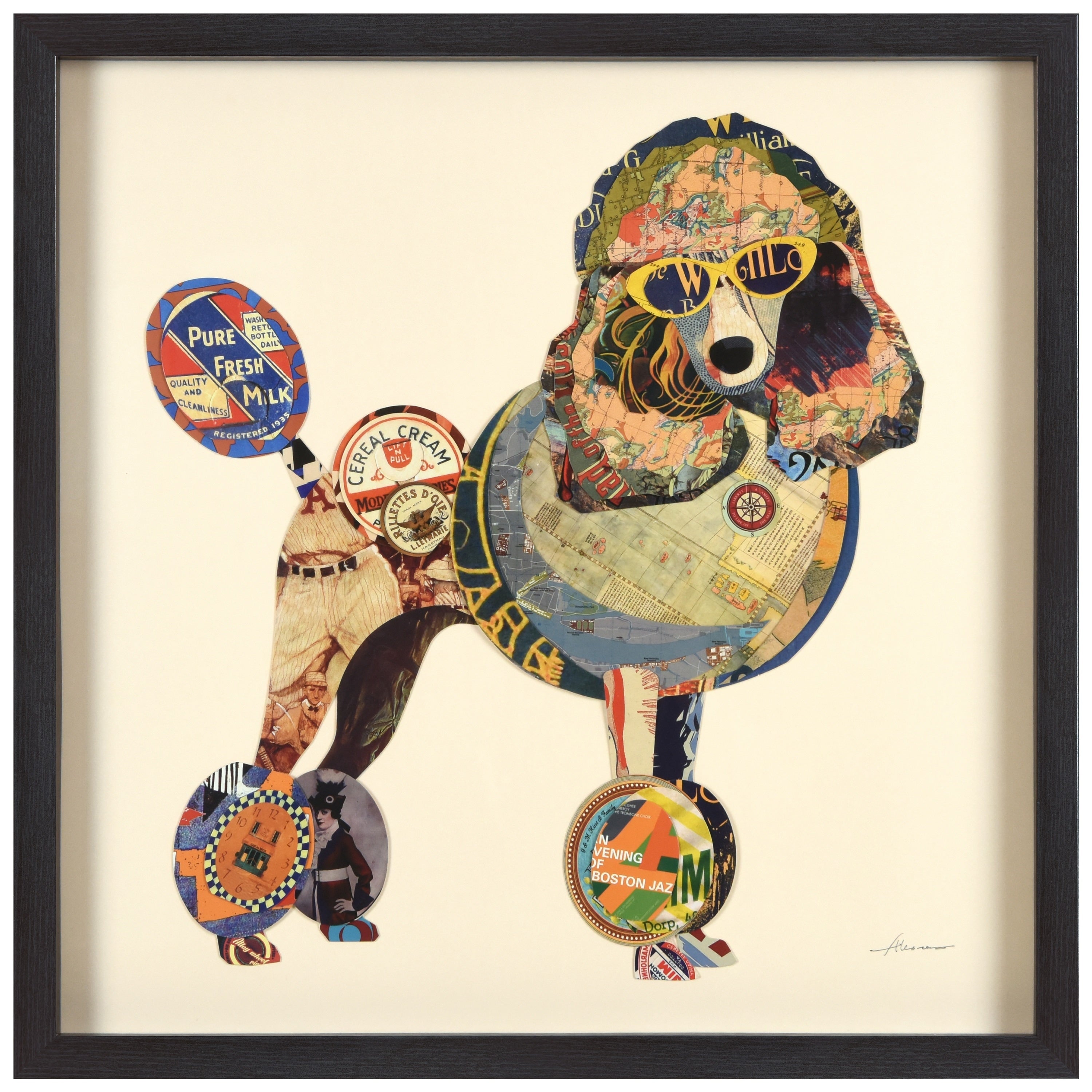 Empire Art Poodle Hand Made Signed Art Collage By Ead Artists Co Op Under Tempered Glass In Black Frame