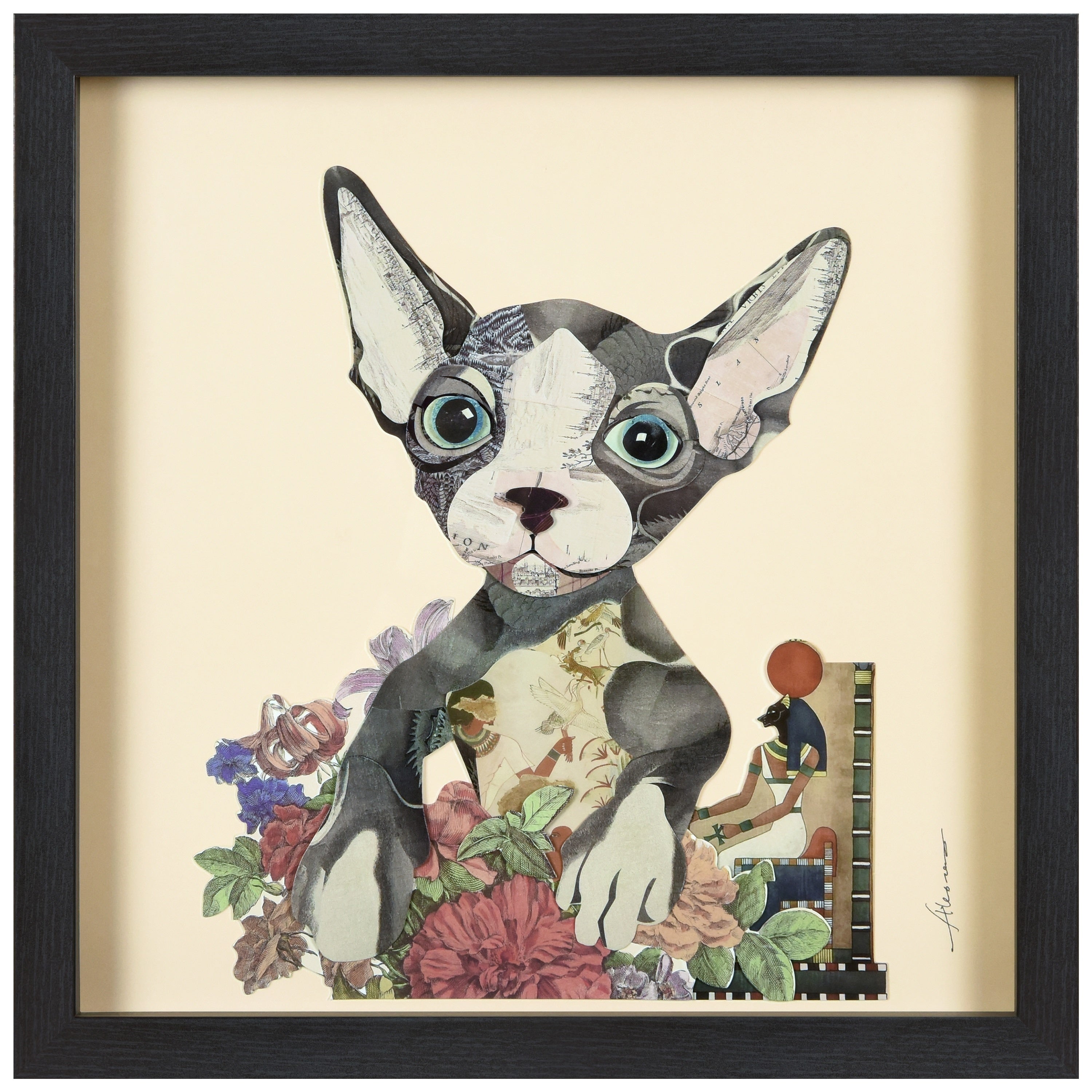 Empire Art Sphynx Hand Made Signed Art Collage By Ead Artists Co Op Under Tempered Glass In Black Frame