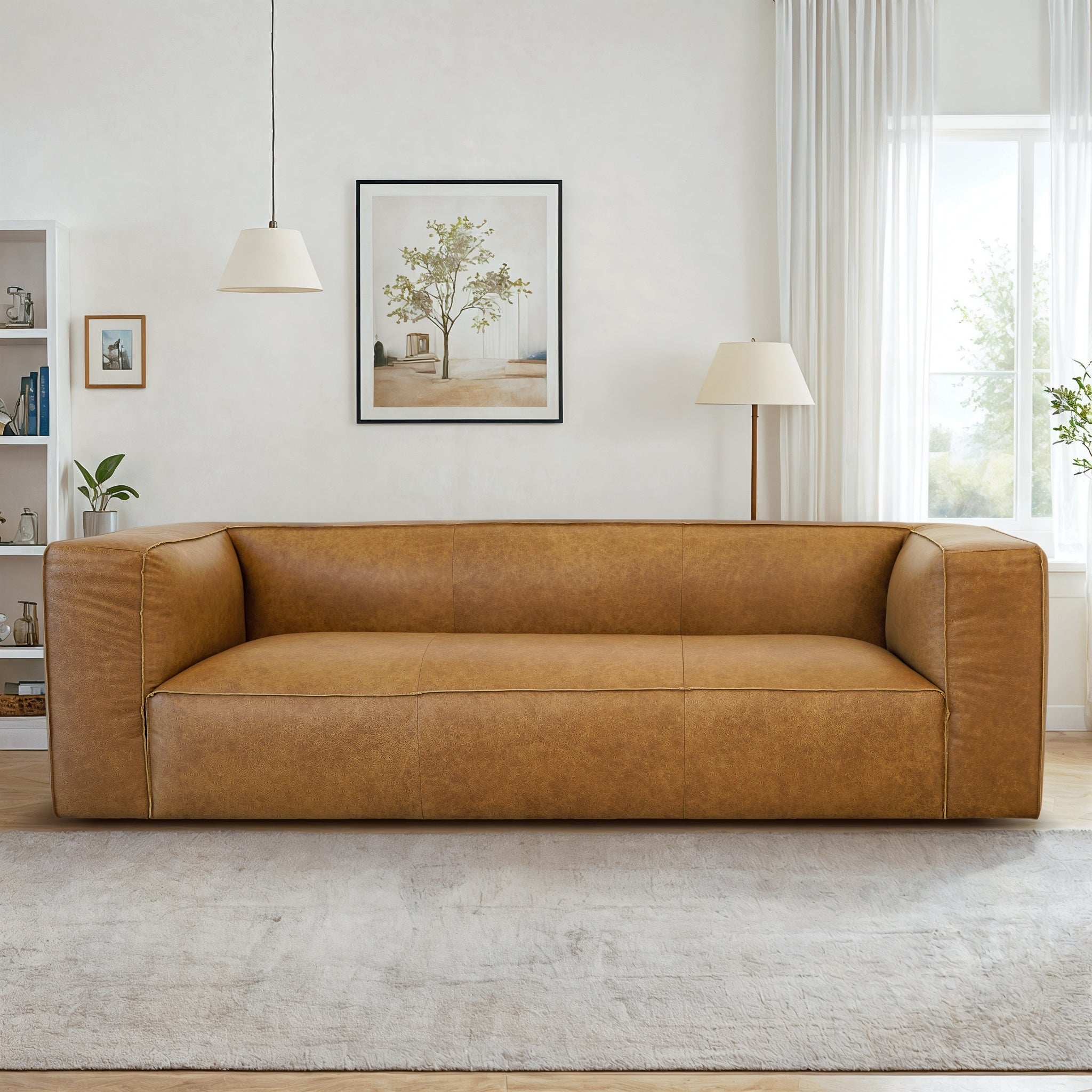 Mid Century Modern Upstate Tan Leather Sofa 26.5 X 94 X 40