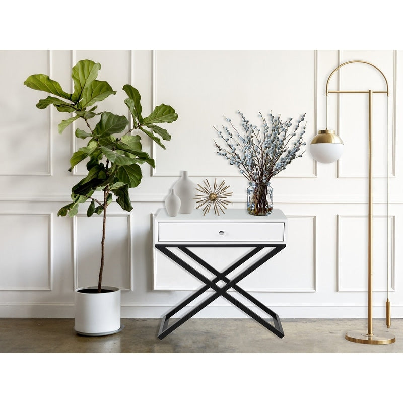 End Side Table Nightstand With Glass Top Drawer And Cross Base