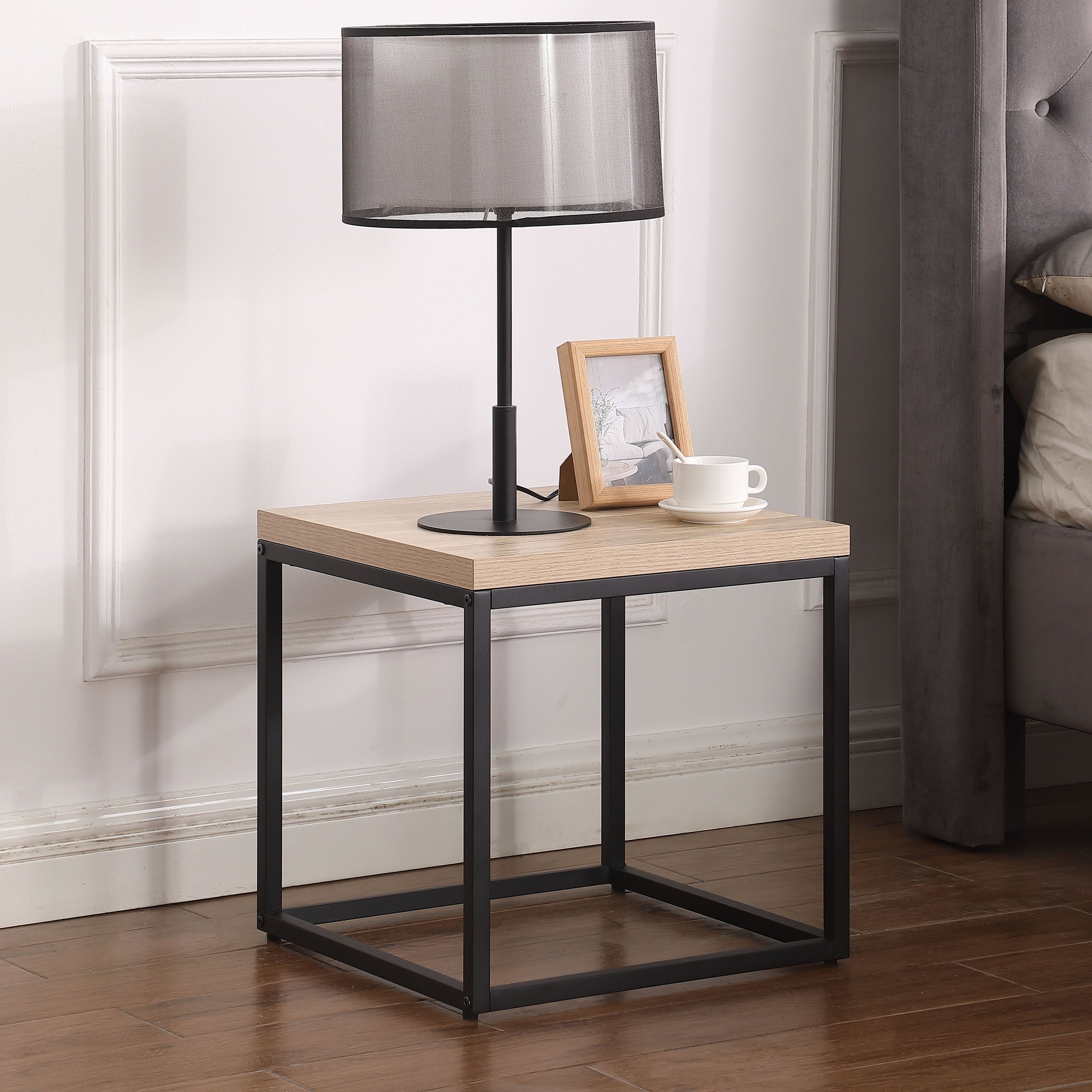 End Table Side Table Square Wood And Metal Nightstand Storage Small End Table For Living Room Bedroom Natural Oak