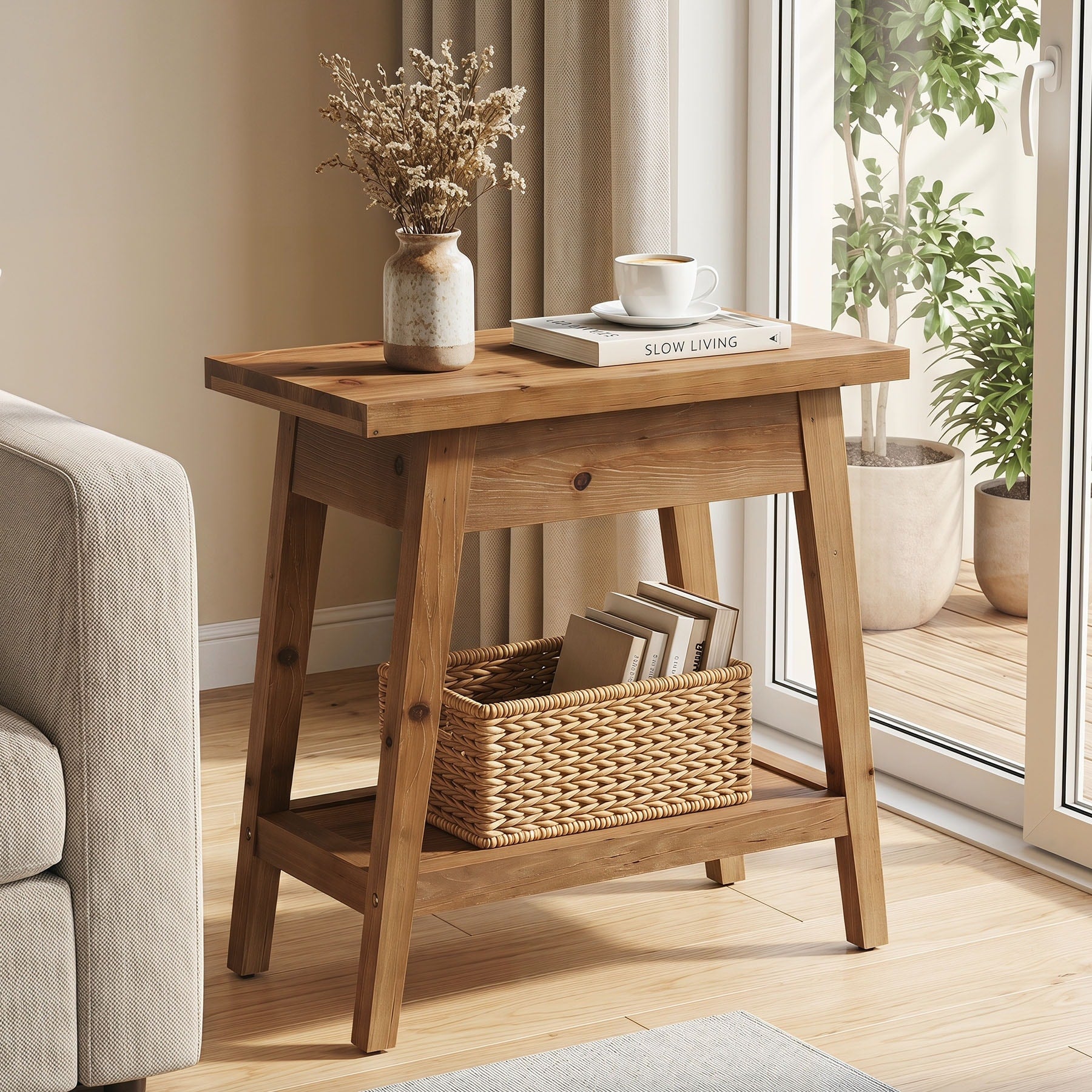 End Table For Living Room 2 Tier Solid Wood Side Table With Storage
