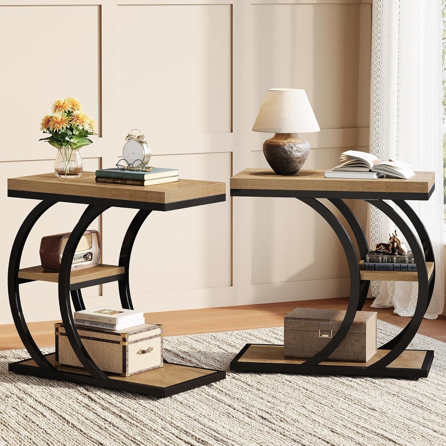 End Table For Living Room 3 Tier Narrow Wood Couch C Shaped Side Table