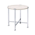 End Table With X Shaped Metal Base And Round Wooden Top Silver And Beige