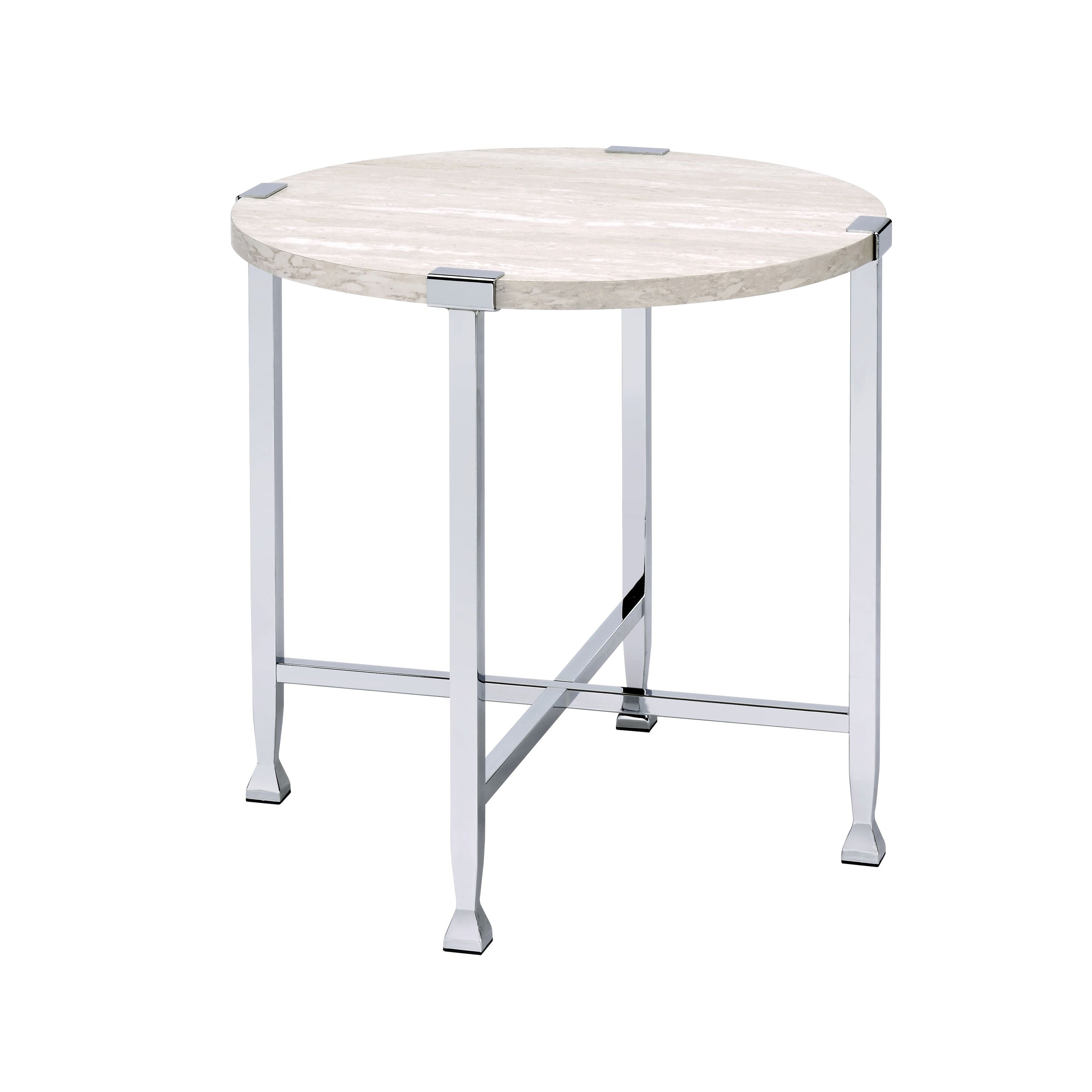 End Table With X Shaped Metal Base And Round Wooden Top Silver And Beige
