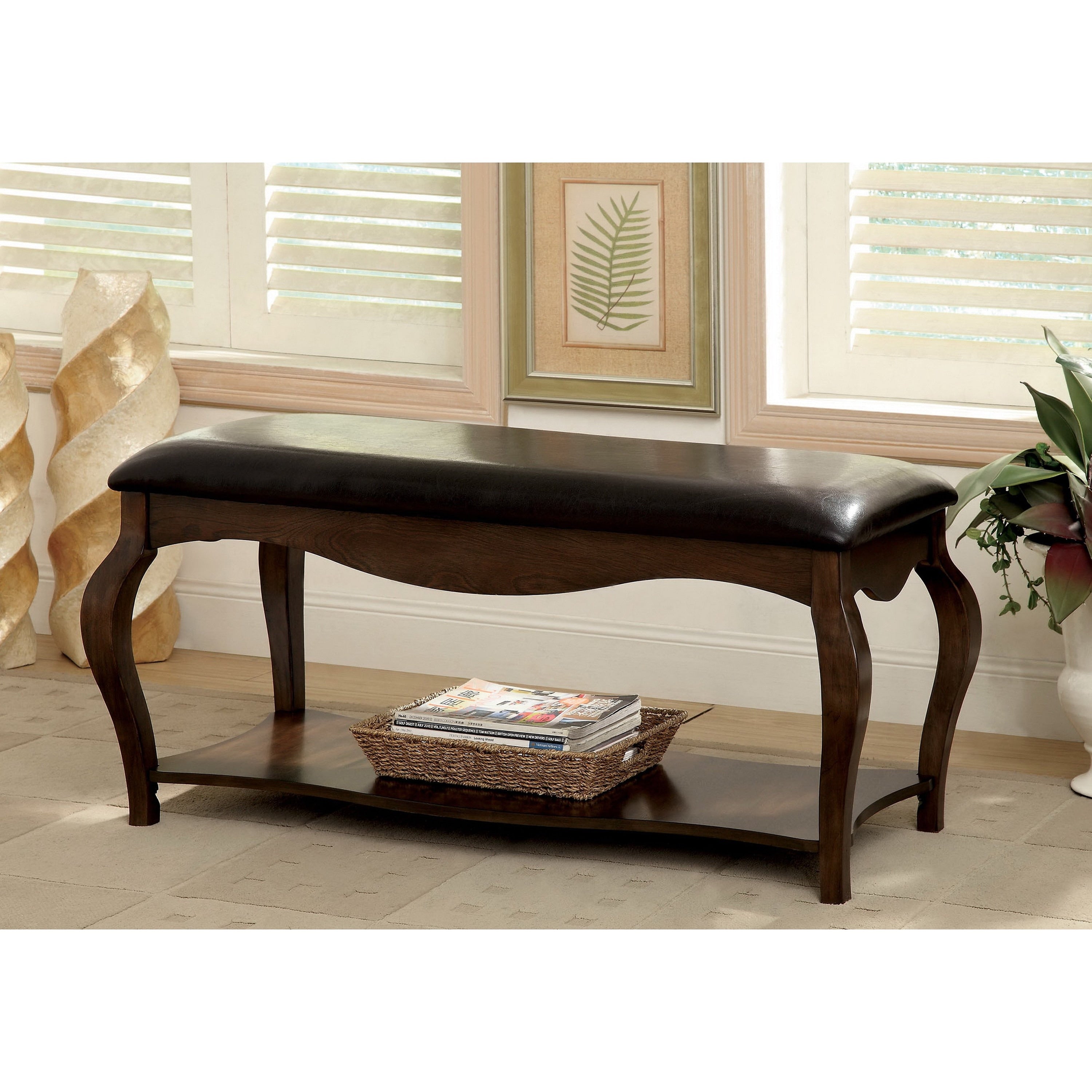 Furniture Of America Endera Padded Leatherette Tobacco Oak Accent Bench