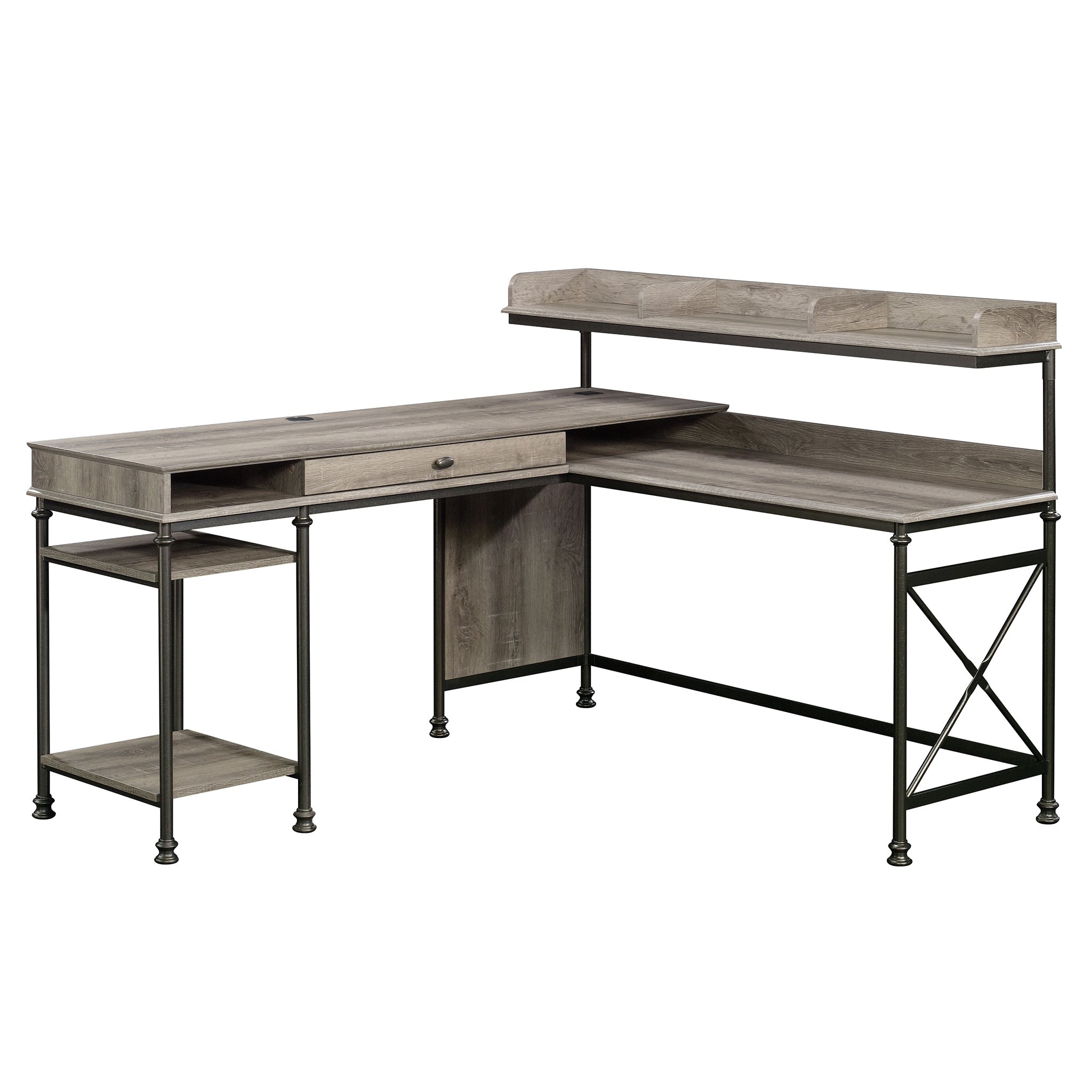Engineered Wood Industrial L Shaped Desk With Built In Usb Ports And Grommet Holes Brown