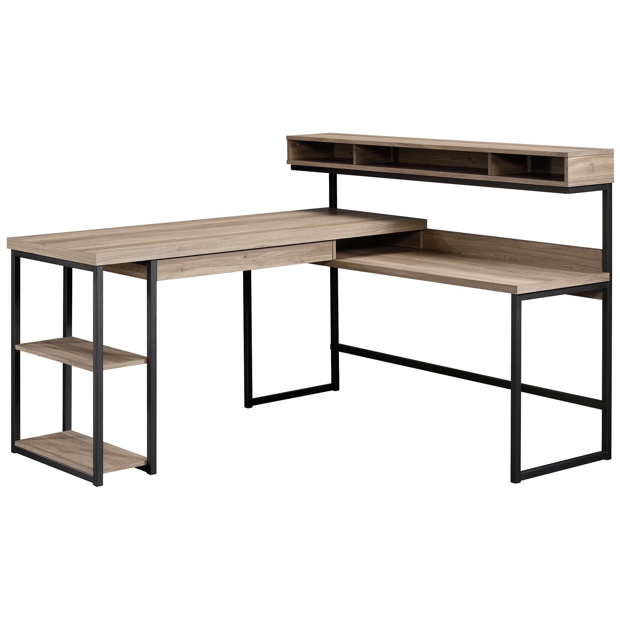Engineered Wood Industrial L Shaped Desk With Elevated Cubby Shelf Brown