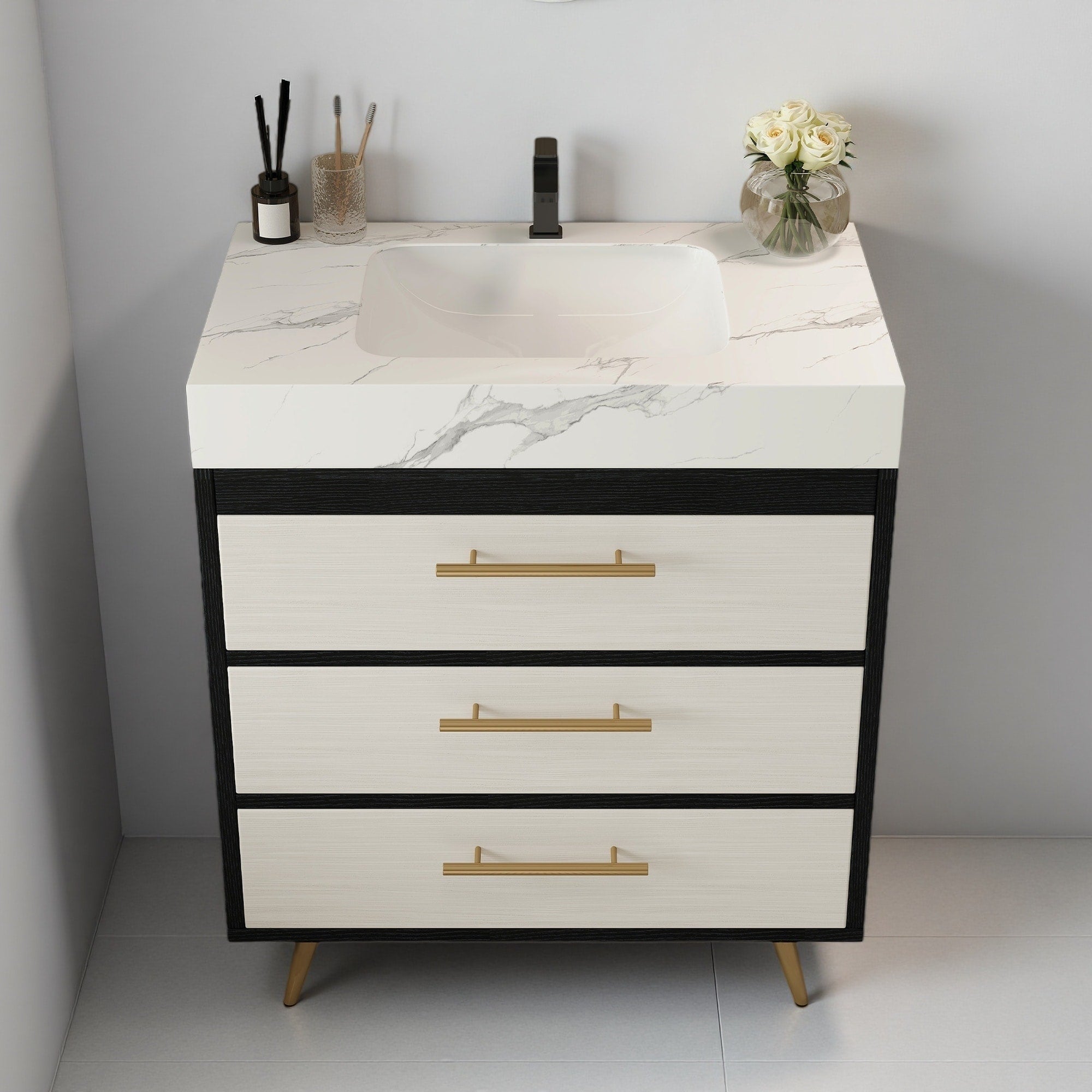 Engineered Wood Water Resistant Freestanding Bathroom Vanity With Sintered Stone Top And Ceramic Sink