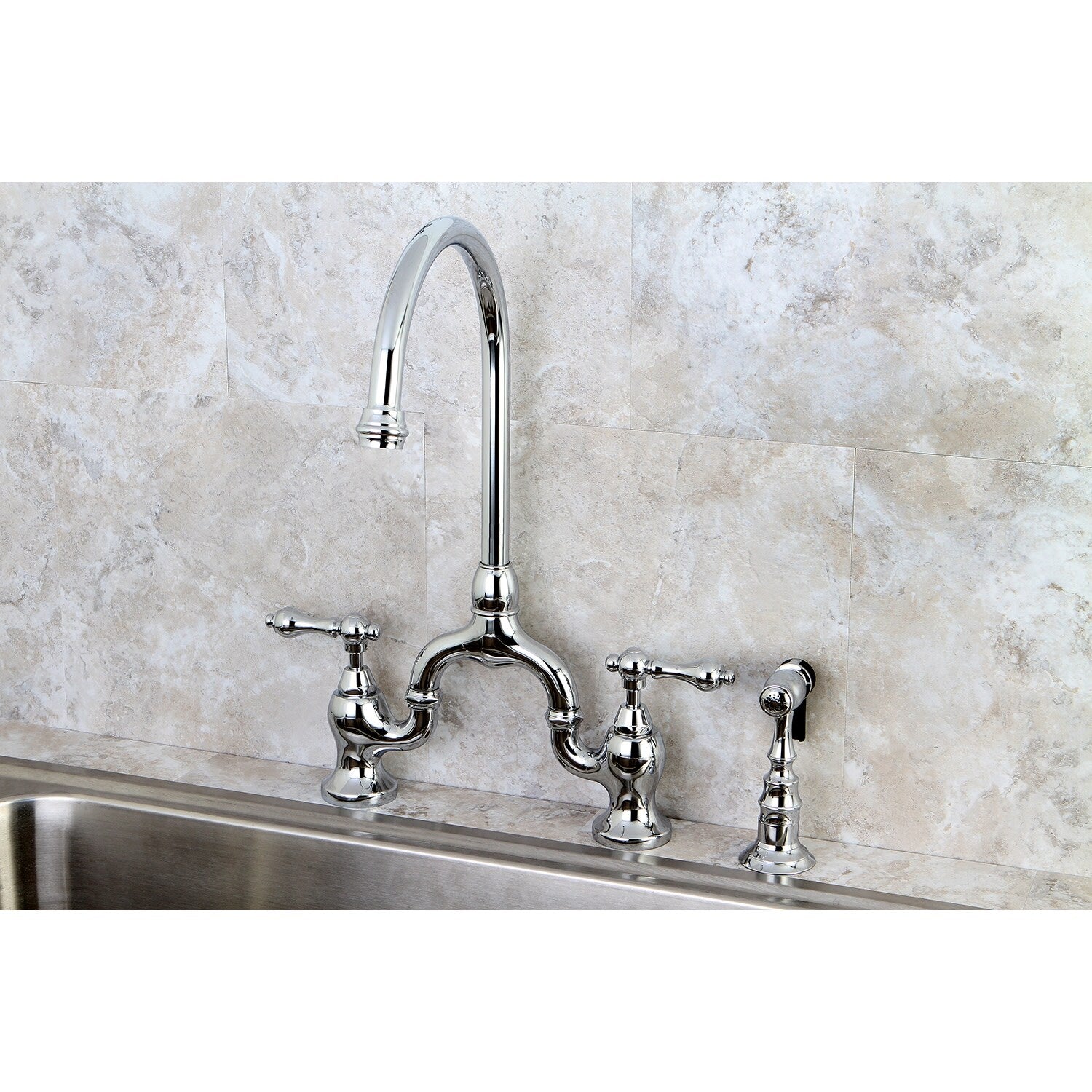 English Country Kitchen Bridge Faucet With Brass Sprayer