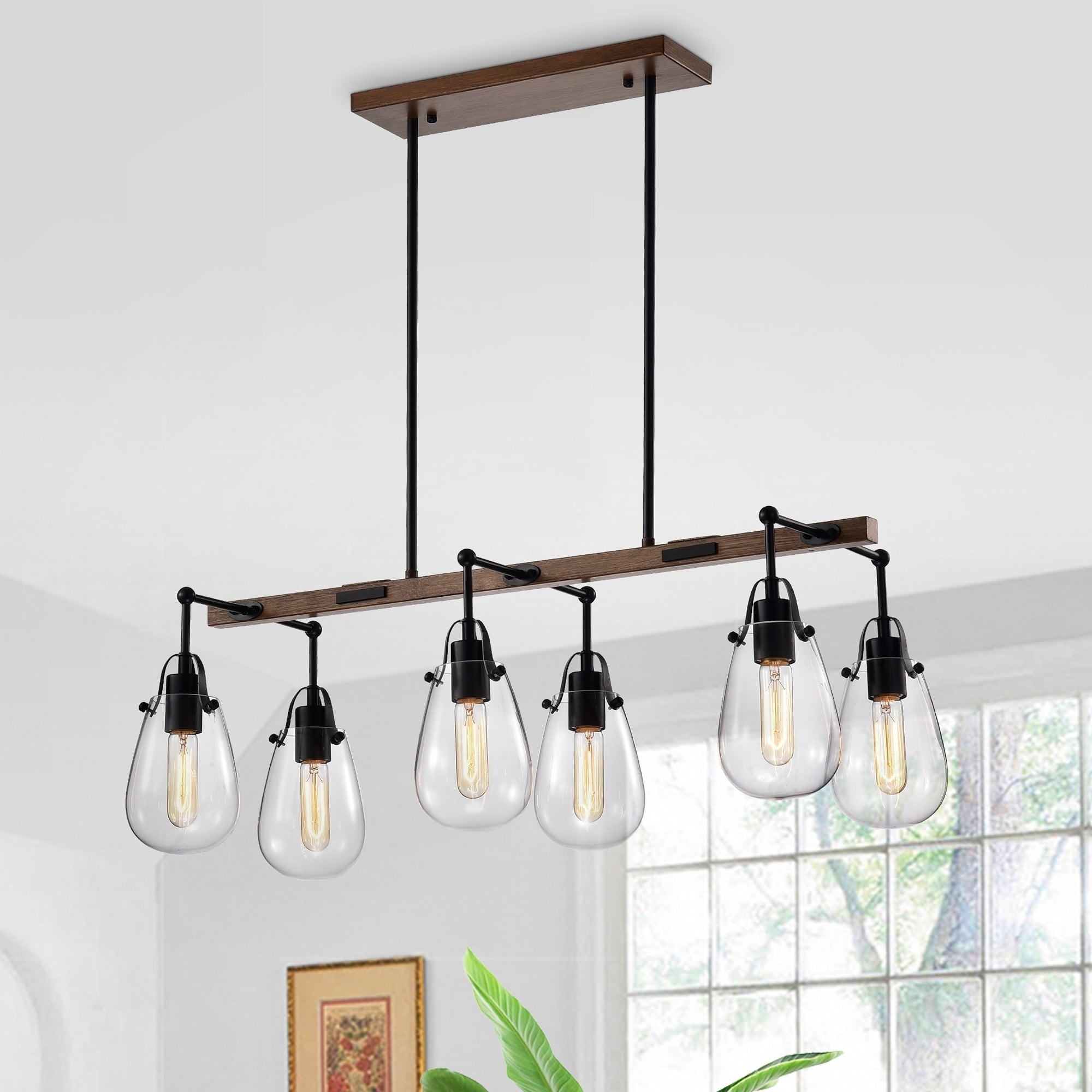 Enija Imitation Wood Grain Matte Black 6 Light Chandelier