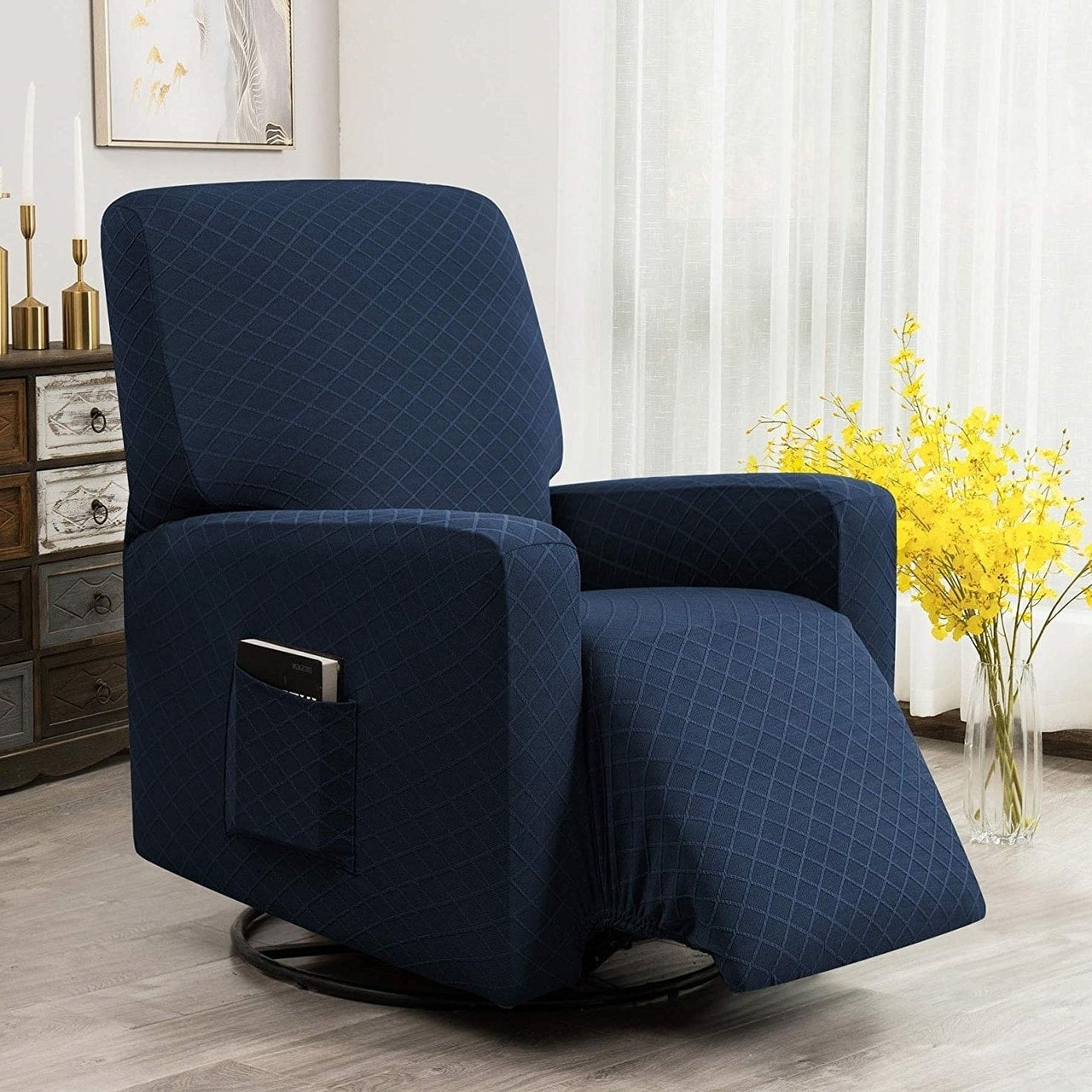 Enova Home Ultra Soft Rhombus Stretch Fabric Recliner Slipcover With Elastic Bottom Side Pocket N A