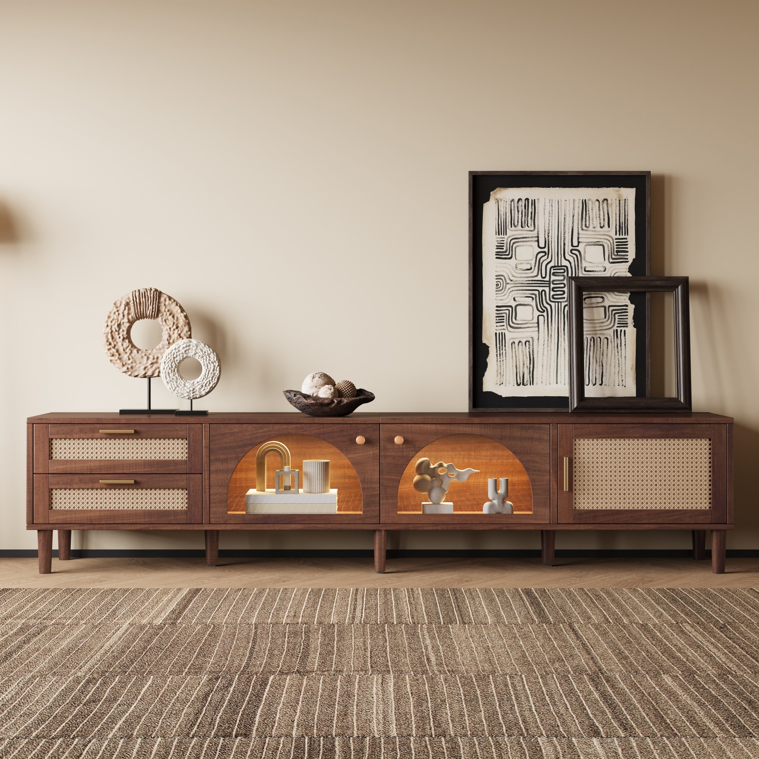 Entertainment Center With App Controlled Led Lights 2 Drawers Glass Door Storage