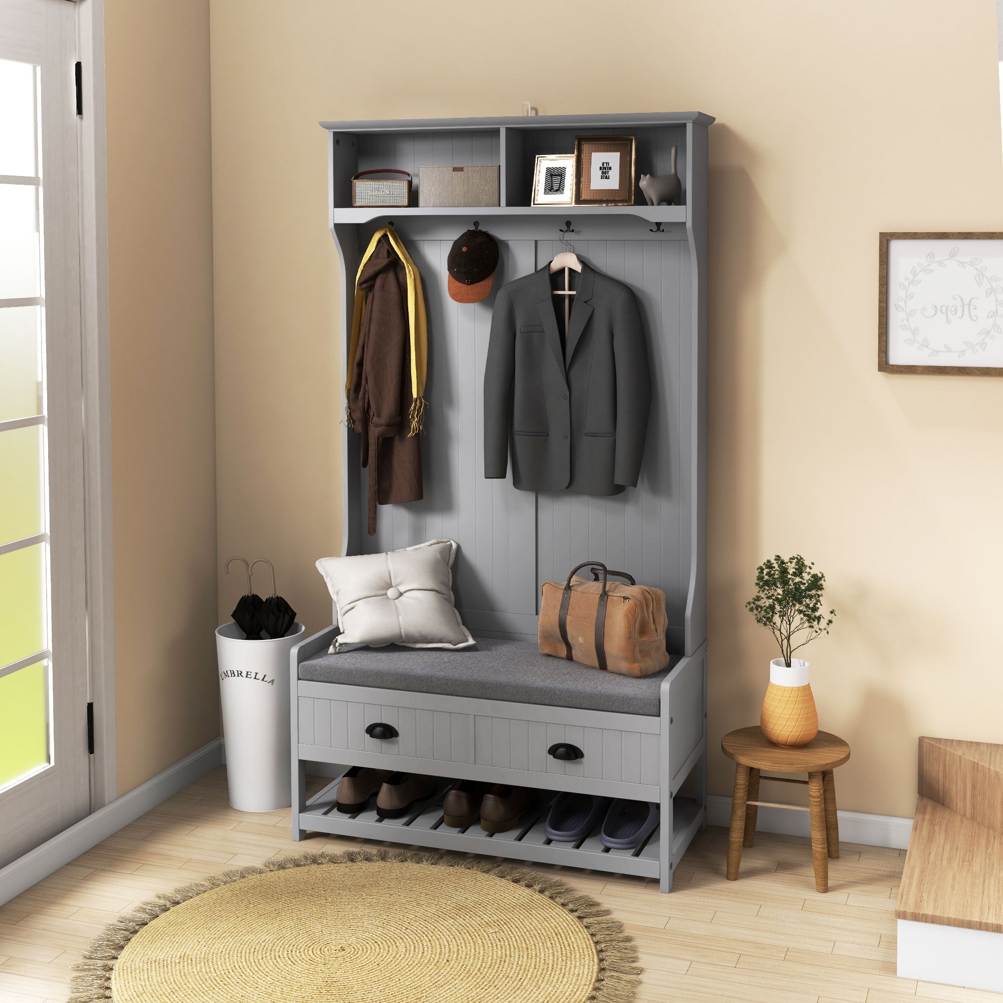 Entryway Bench Hall Tree With Coat Rack Simple Indoor Bench Storage Bench With Shelves And 2 Drawers