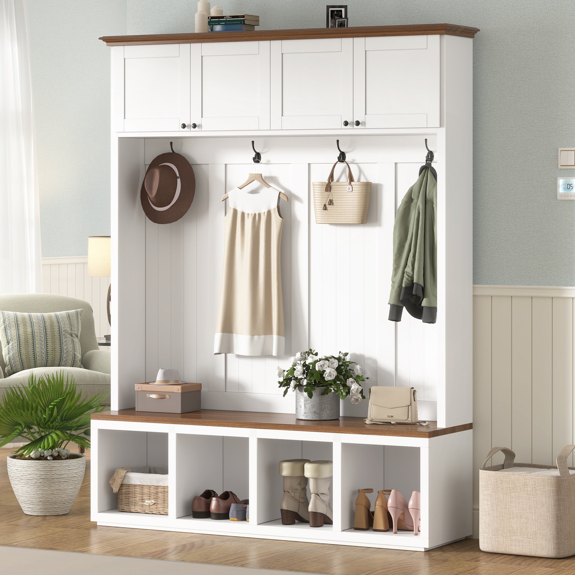Entryway Hall Tree With Bench And Cubbies For Organized Storage