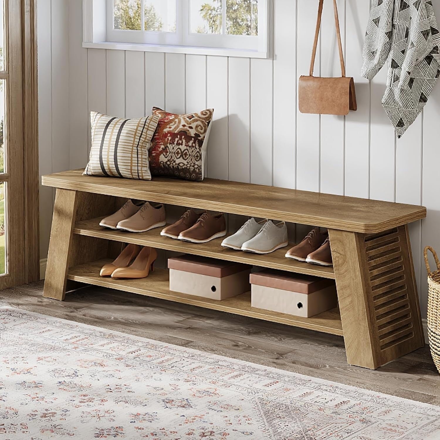 Entryway Shoe Bench With Storage Shelf Dining Bench Wooden End Of Bed Bench For Bedroom Living Room Mudroom Hallway Foyer