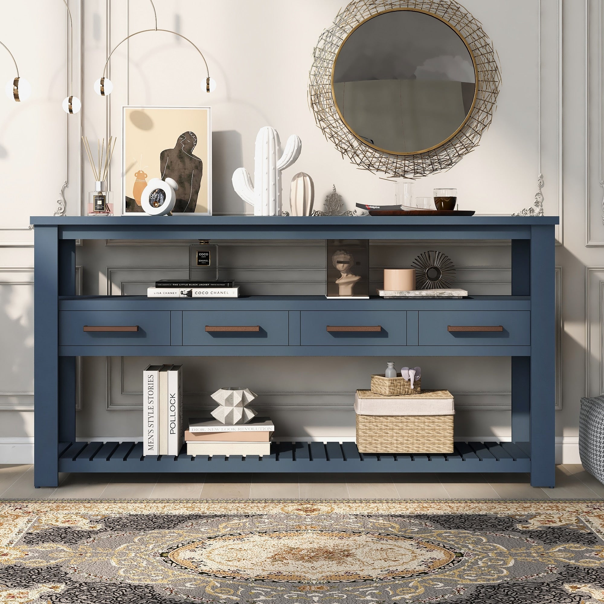 Entryway Table Sofa Table With 4 Drawers Navy Blue Hallway Table Console Table Side Table With Open Shelves