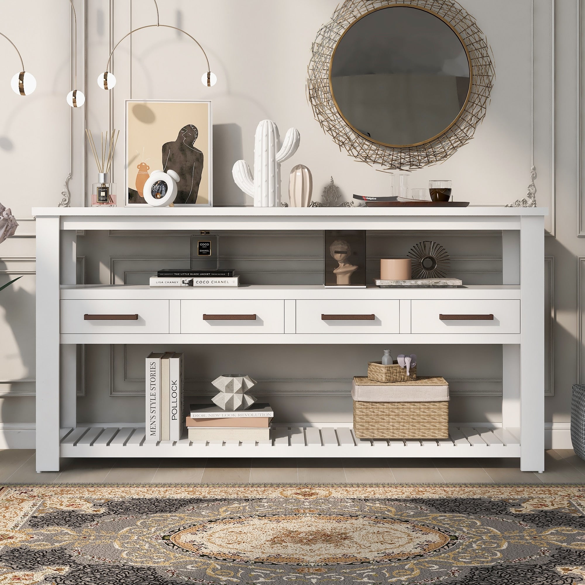 Entryway Table White Sofa Table With 4 Drawers Hallway Table Console Table Side Table With Open Shelves