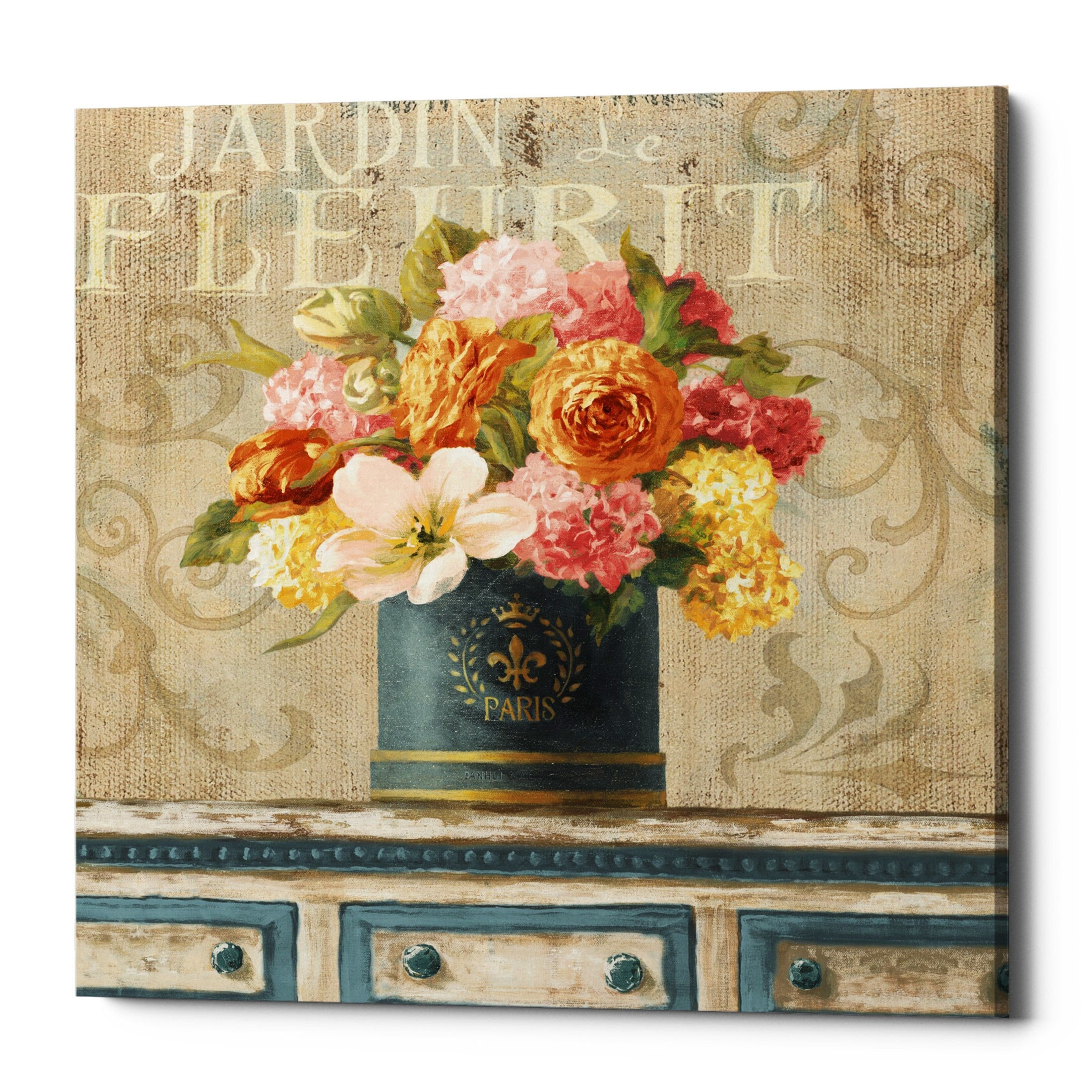 Epic Graffiti Tulips In Teal And Gold Hatbox By Danhui Nai Giclee Canvas Wall Art 26 X26 26 X 26