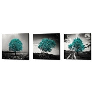 Epic Graffiti Vibrant Tree Series Cyan Triptych Set Of 3 Giclee Canvas Wall Art 36 X 12