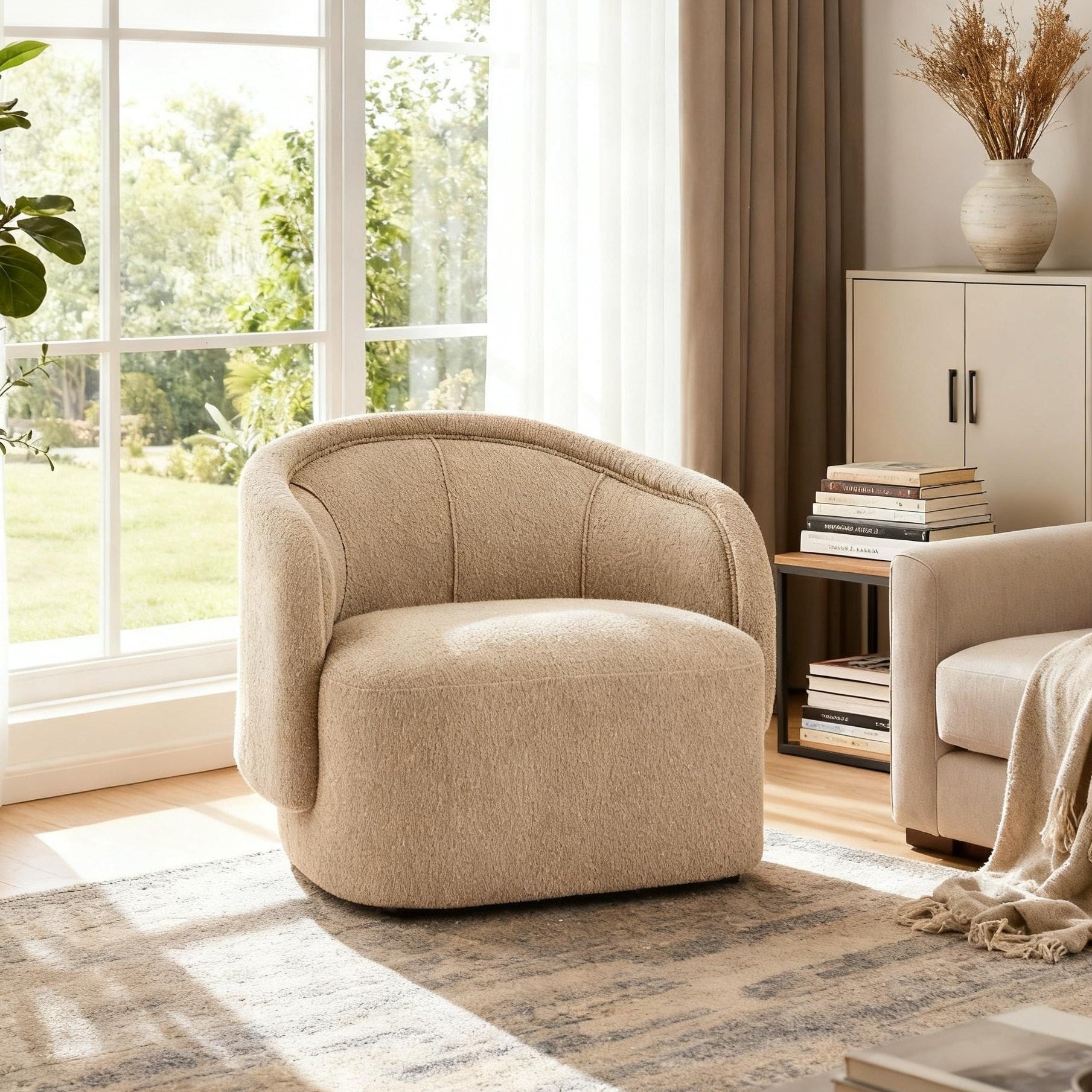 Ergonomic Accent Chair Curved Boucle Plush Integrated Cushion