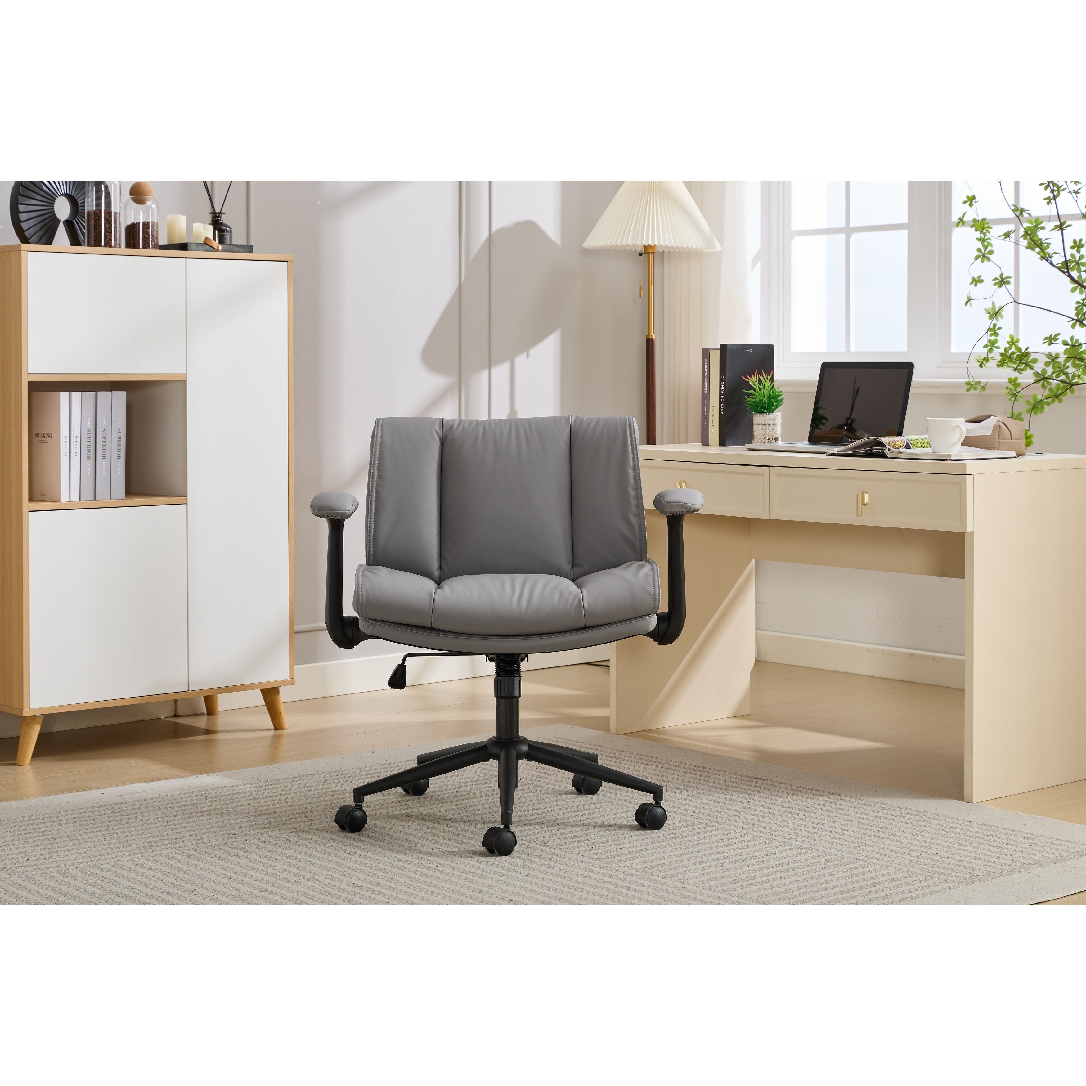 Ergonomic Desk Chair With Flip Up Armrests Leather Cross Legged Office Chair On Wheels Comfy Swivel Chair With Wide Seat