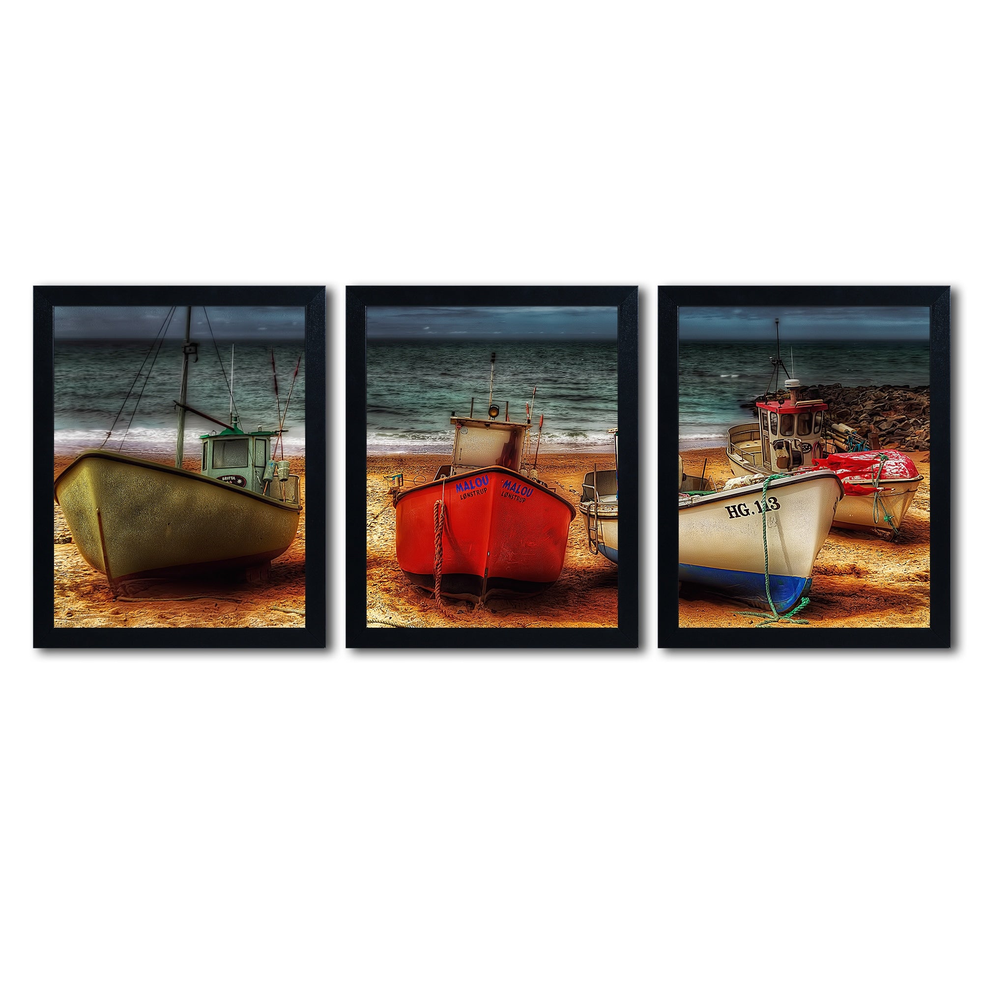 Erik Brede Resting Boats Three 16X20 Black Framed Canvas Wall Art Set