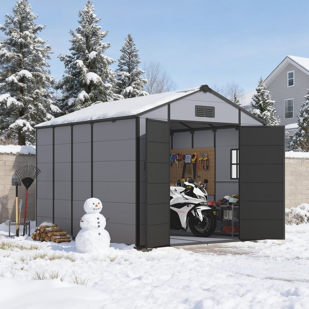 Erommy Outdoor Storage Shed With Built In Floor Lockable Double Doors Sloped Roof Gray Black