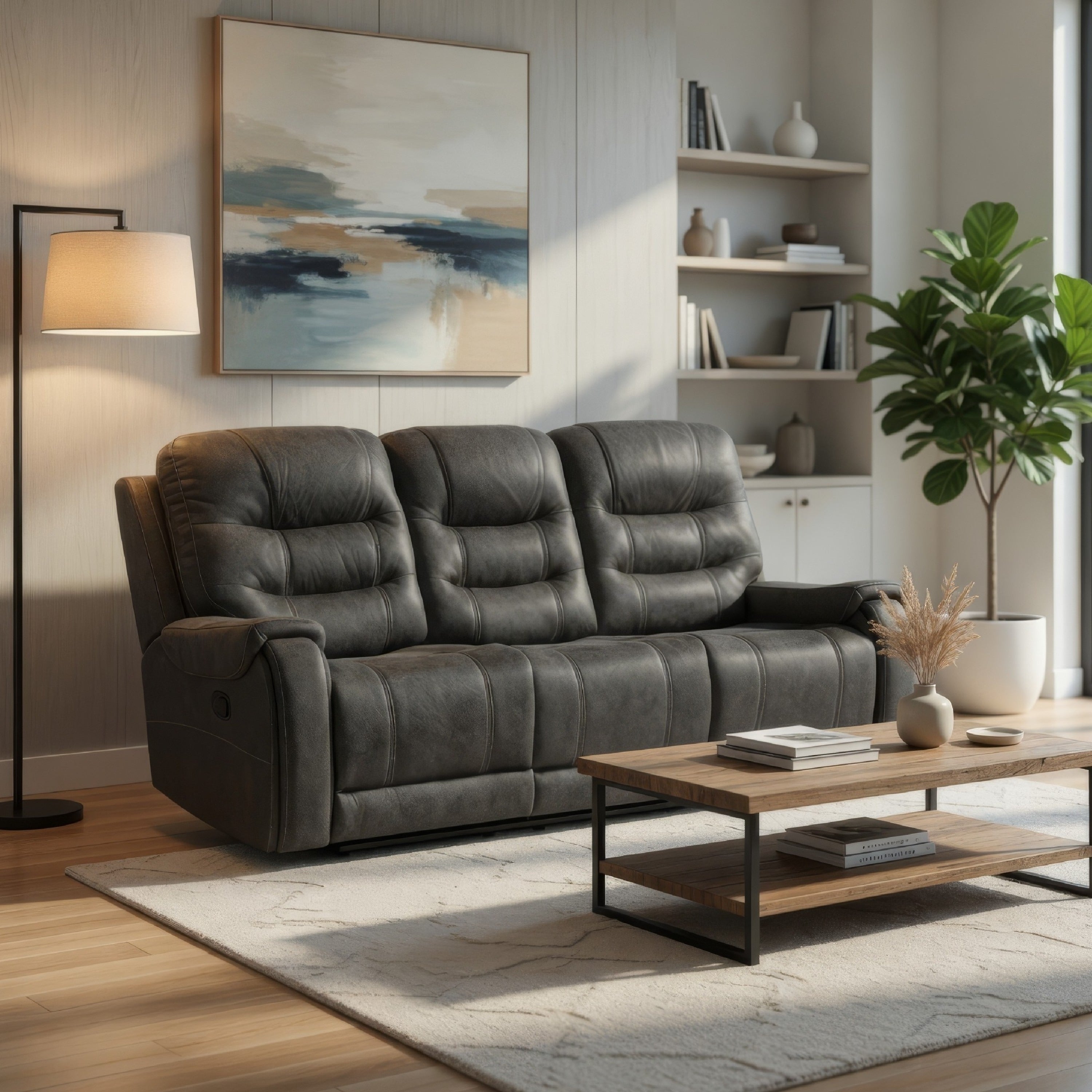 Erron Manual Reclining Sofa 3 Seater Dark Gray Polished Microfiber
