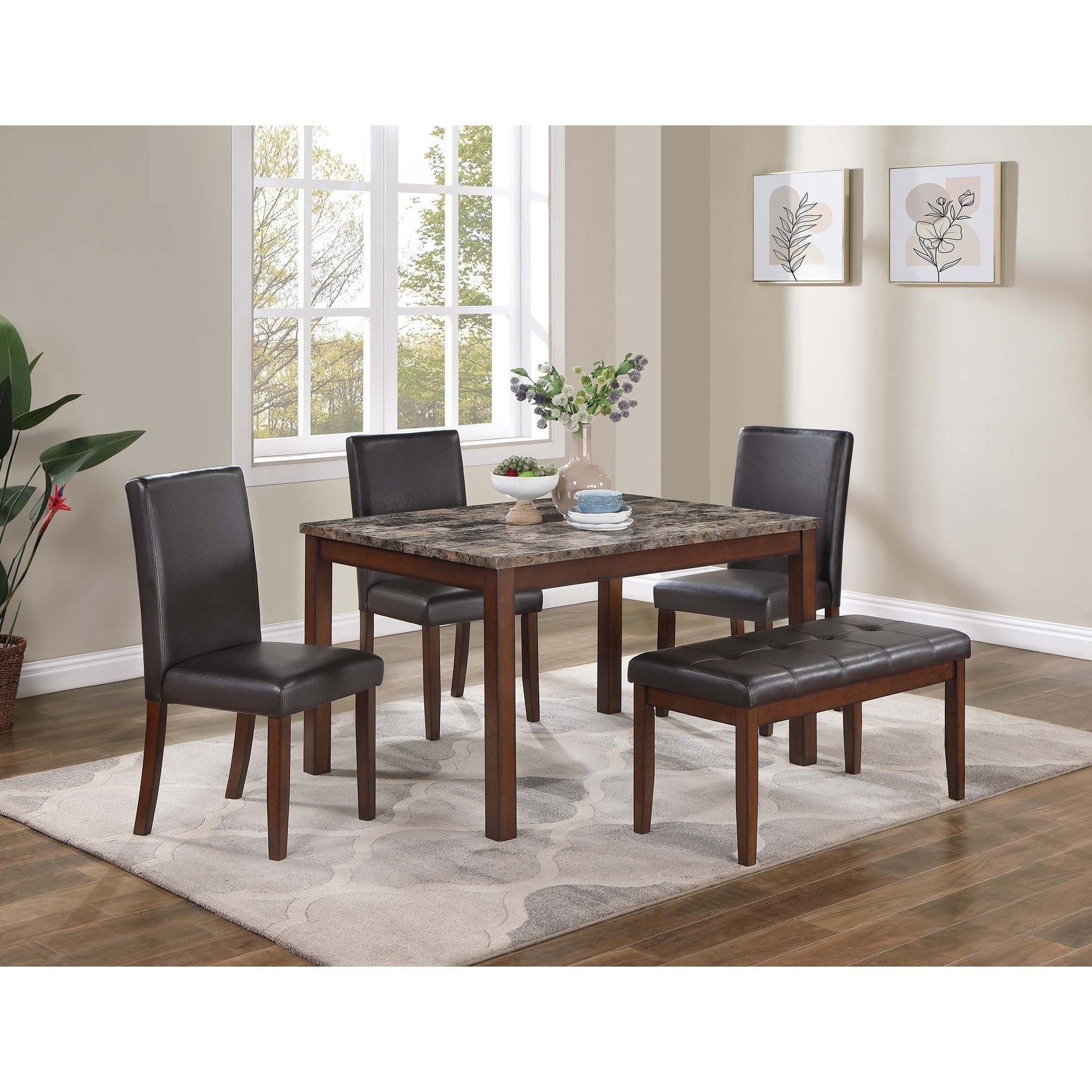 Espresso Finish 5Pc Dining Set Faux Marble Table Top Dining Room Furniture