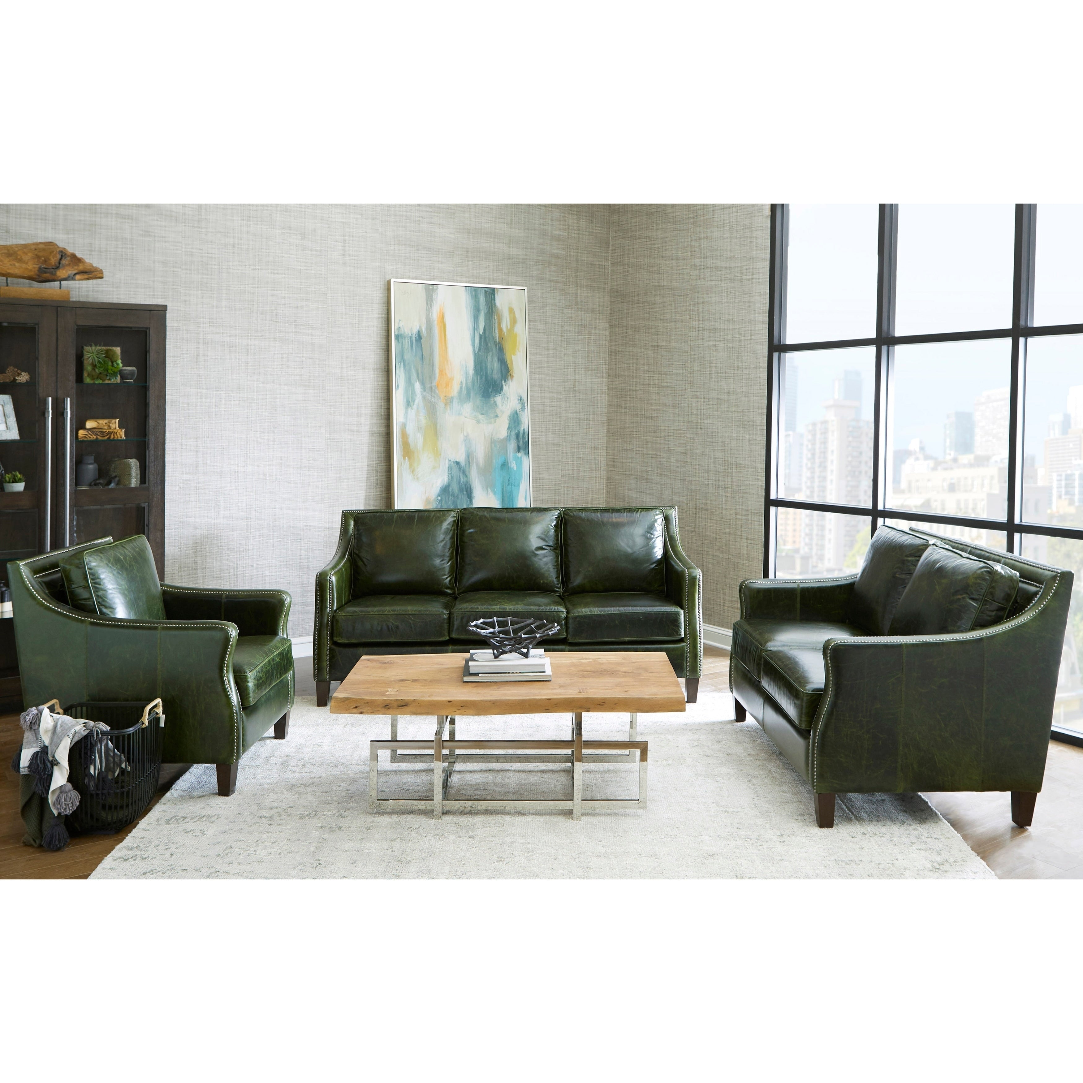 Essex Distressed Green Top Grain Leather Sofa Loveseat And Chair