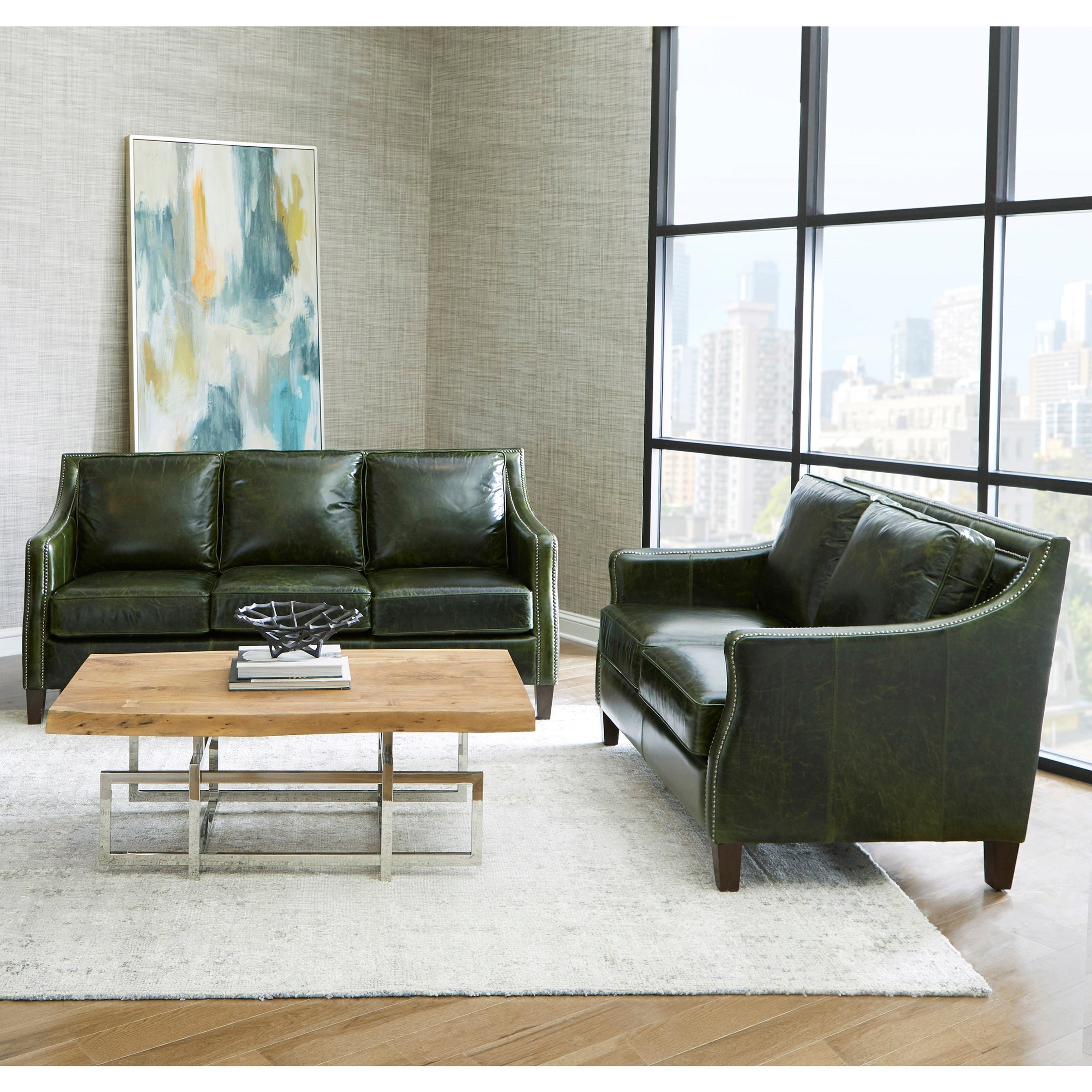 Essex Distressed Green Top Grain Leather Sofa And Loveseat