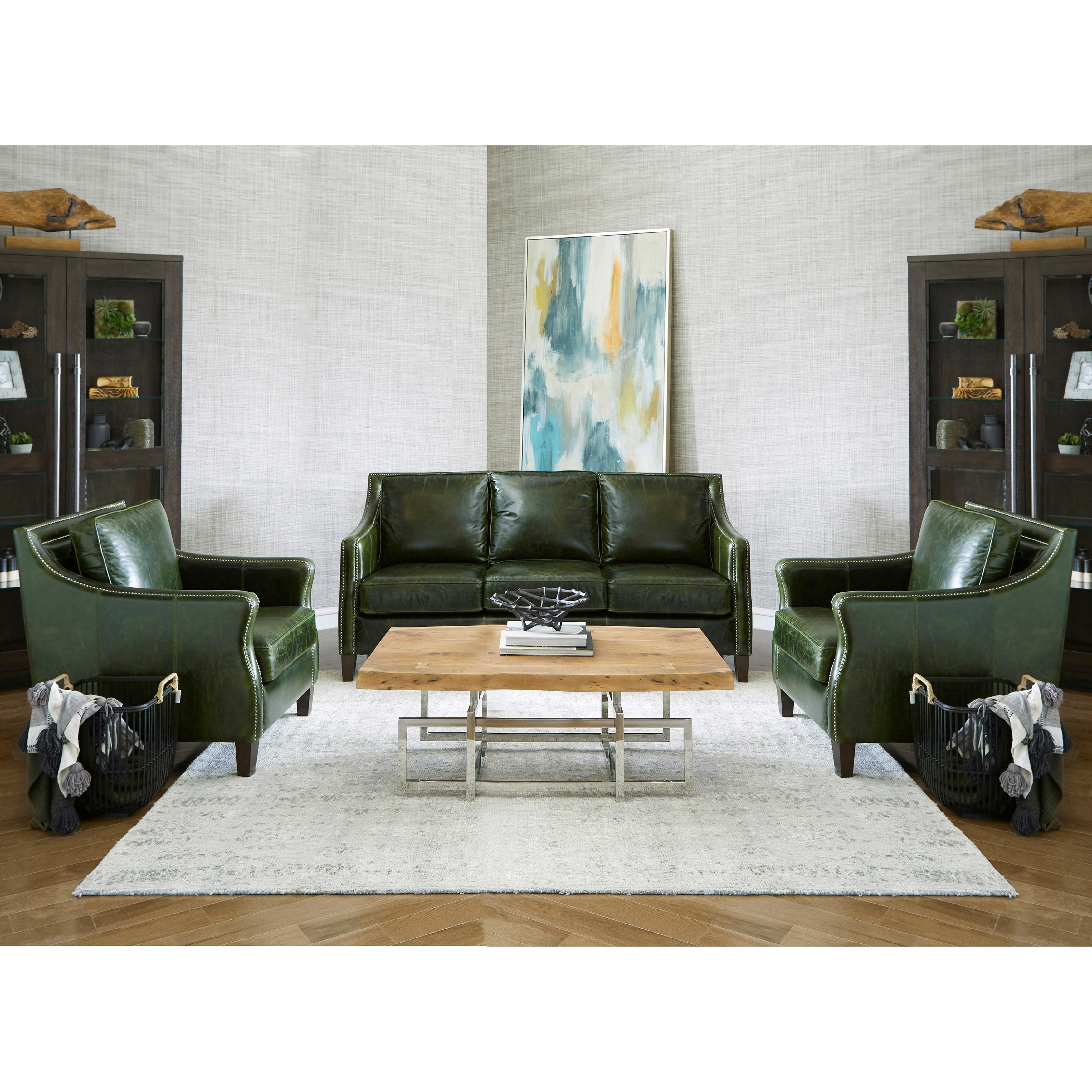 Essex Distressed Green Top Grain Leather Sofa And Two Chairs