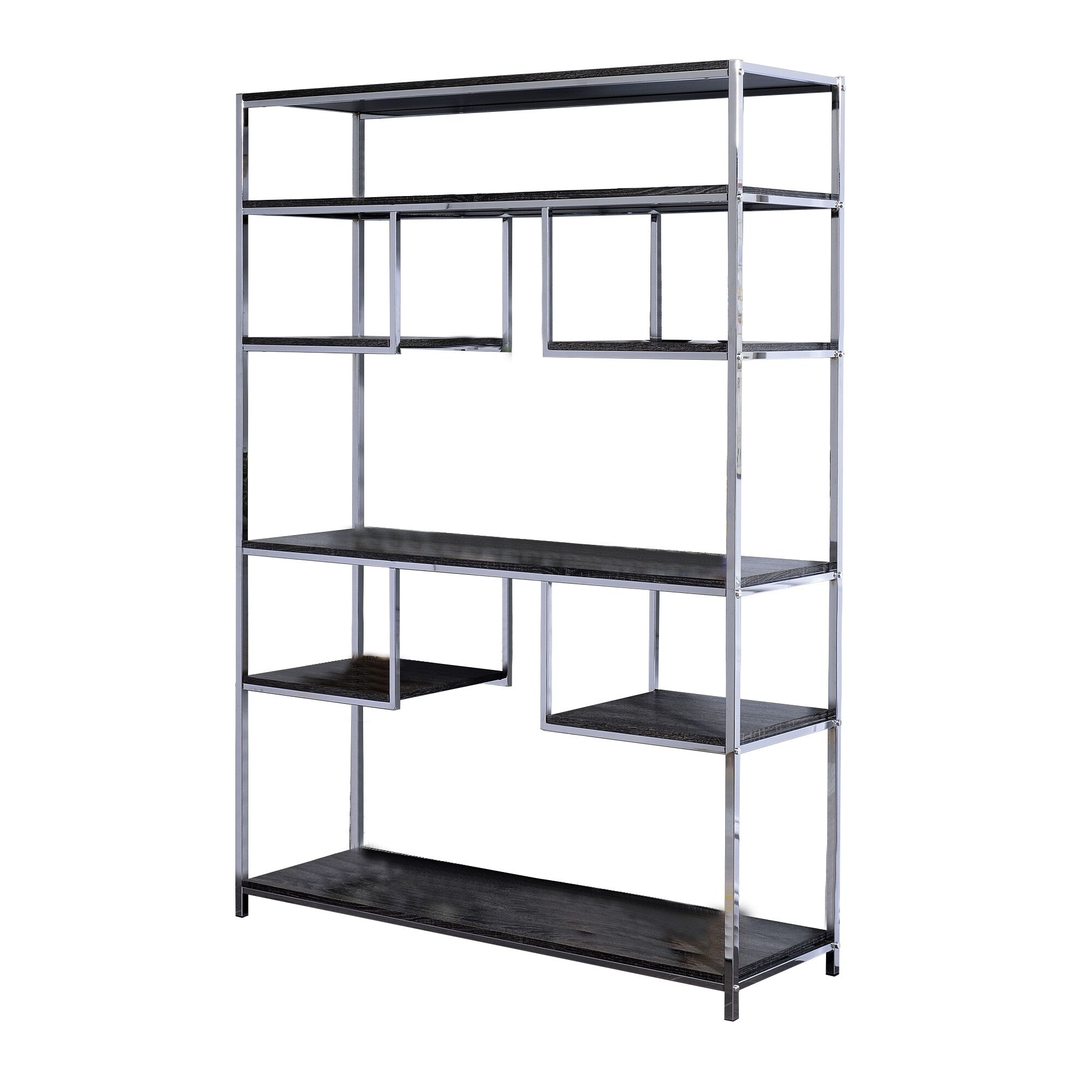 Etagere Bookshelf With 7 Shelves And Geometric Pattern Silver And Dark Gray