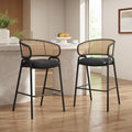 Ethan Upholstered Metal Bar Stools With Faux Leather Seat And Rattan Back Set Of 2