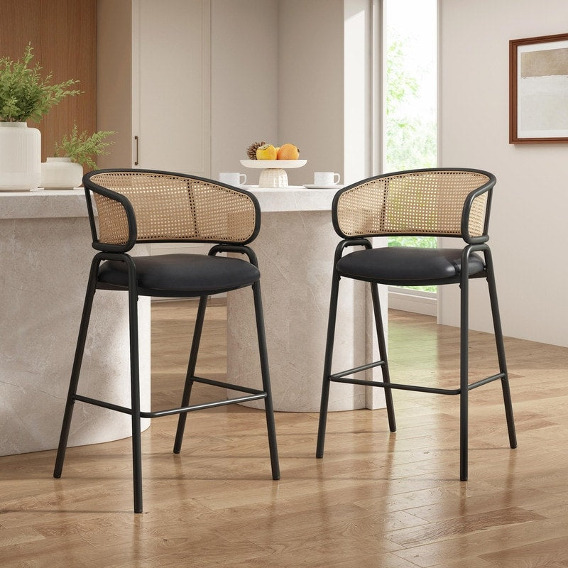 Ethan Upholstered Metal Bar Stools With Faux Leather Seat And Rattan Back Set Of 2