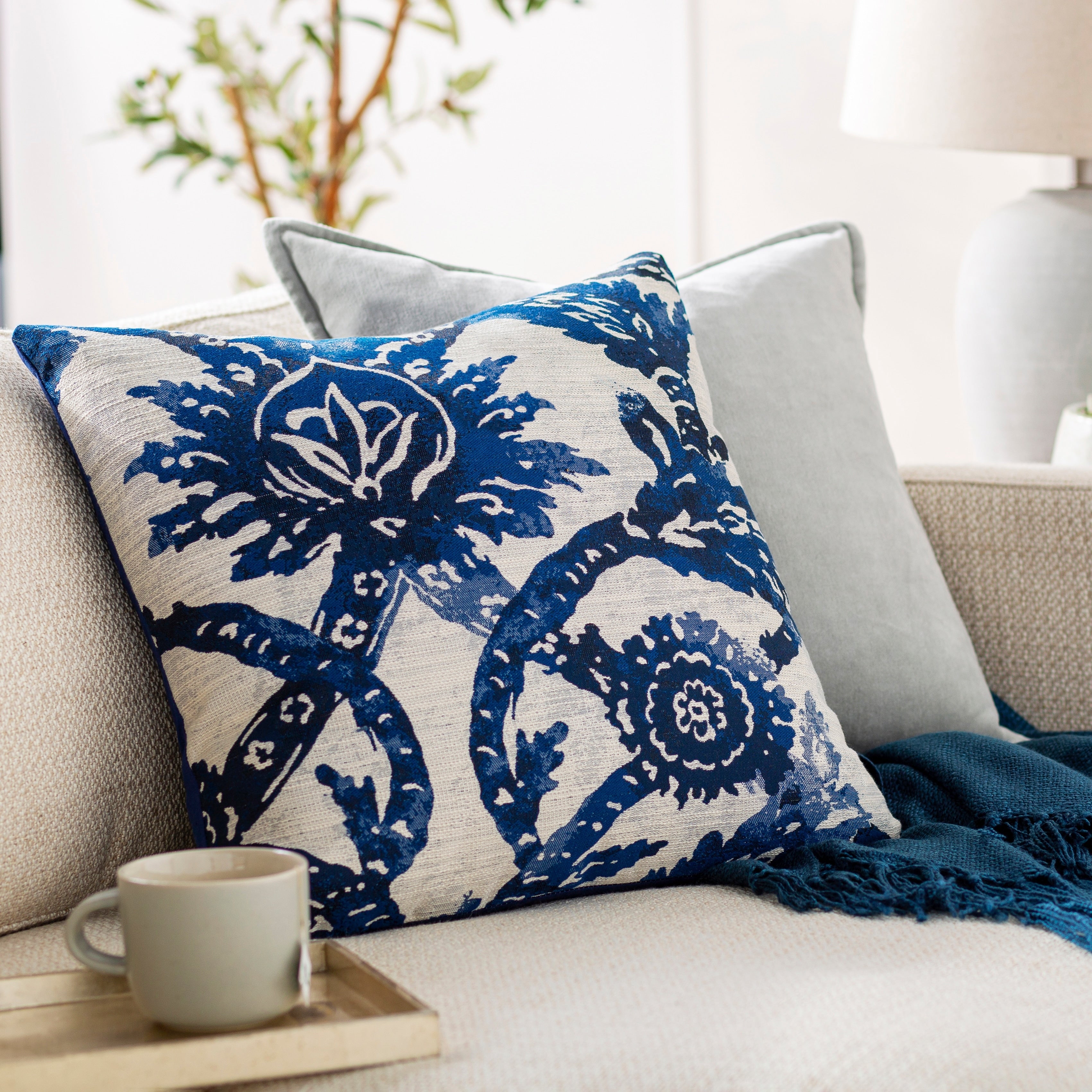 Etta Blue Ivory Damask Throw Pillow