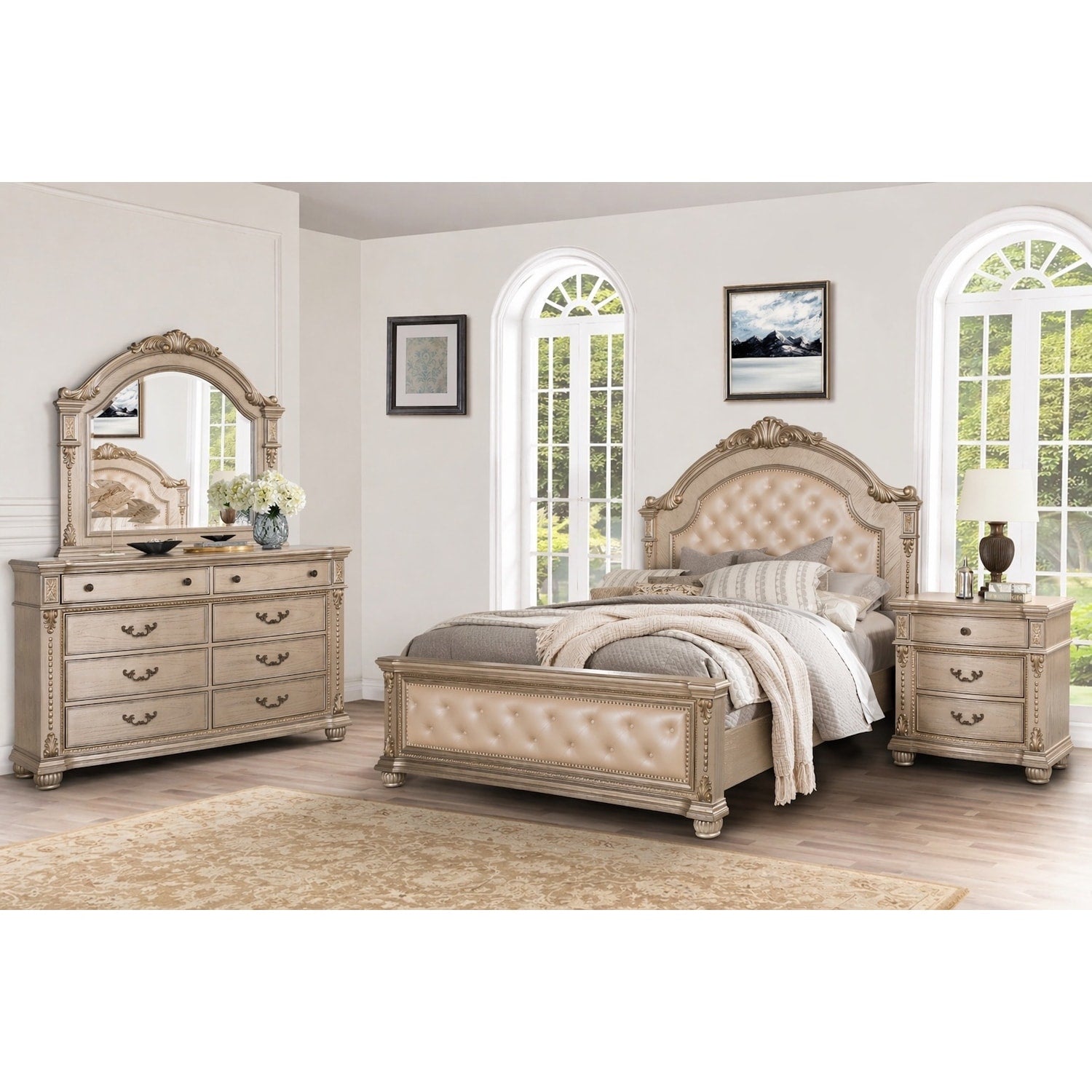 Evelyn Champagne Bedroom Set With Upholstered Headboard